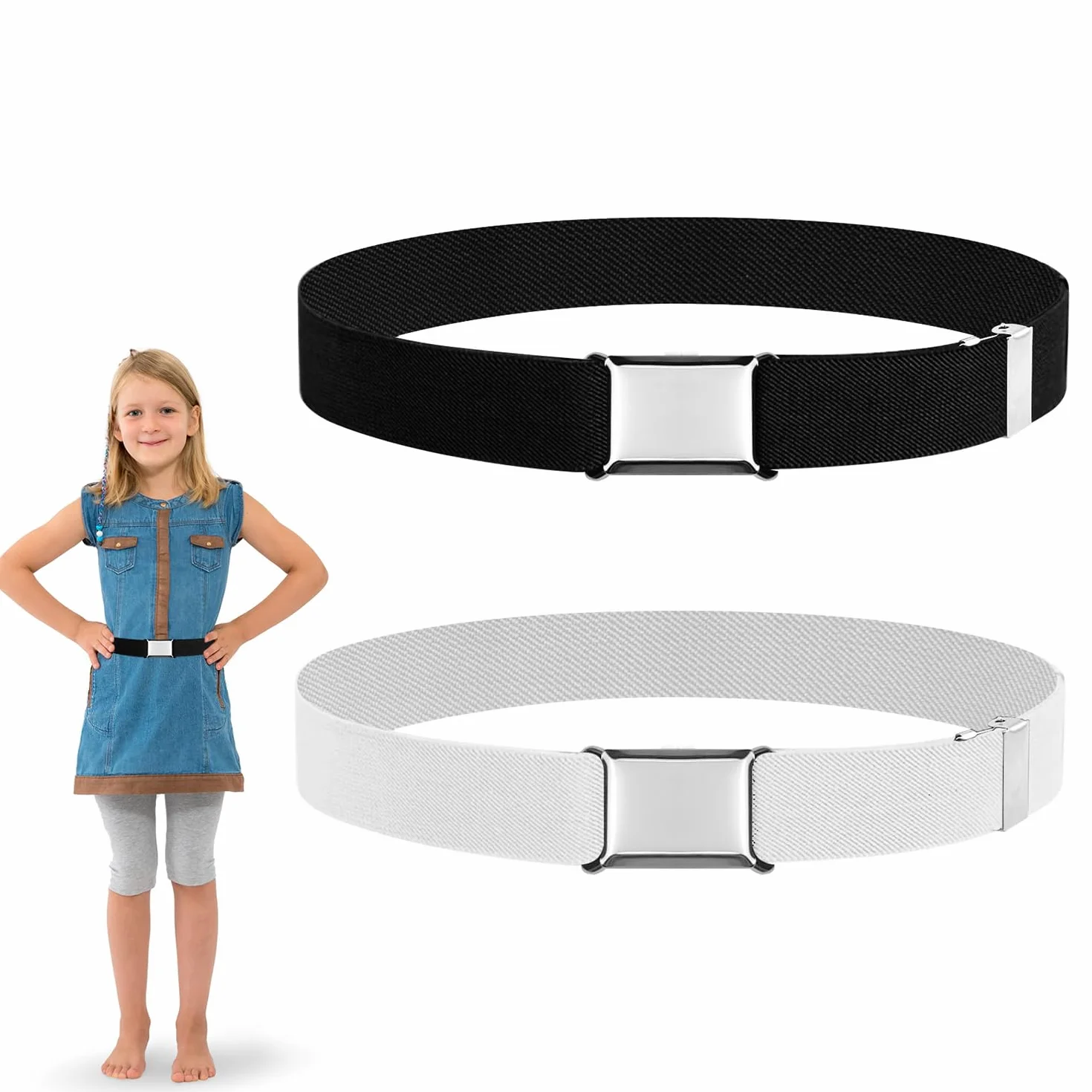 Cinturón Infantil Ajustable 2 Piezas, Cinturón Elástico para Niños y Niñas con Hebilla Magnética, Negro + Gris