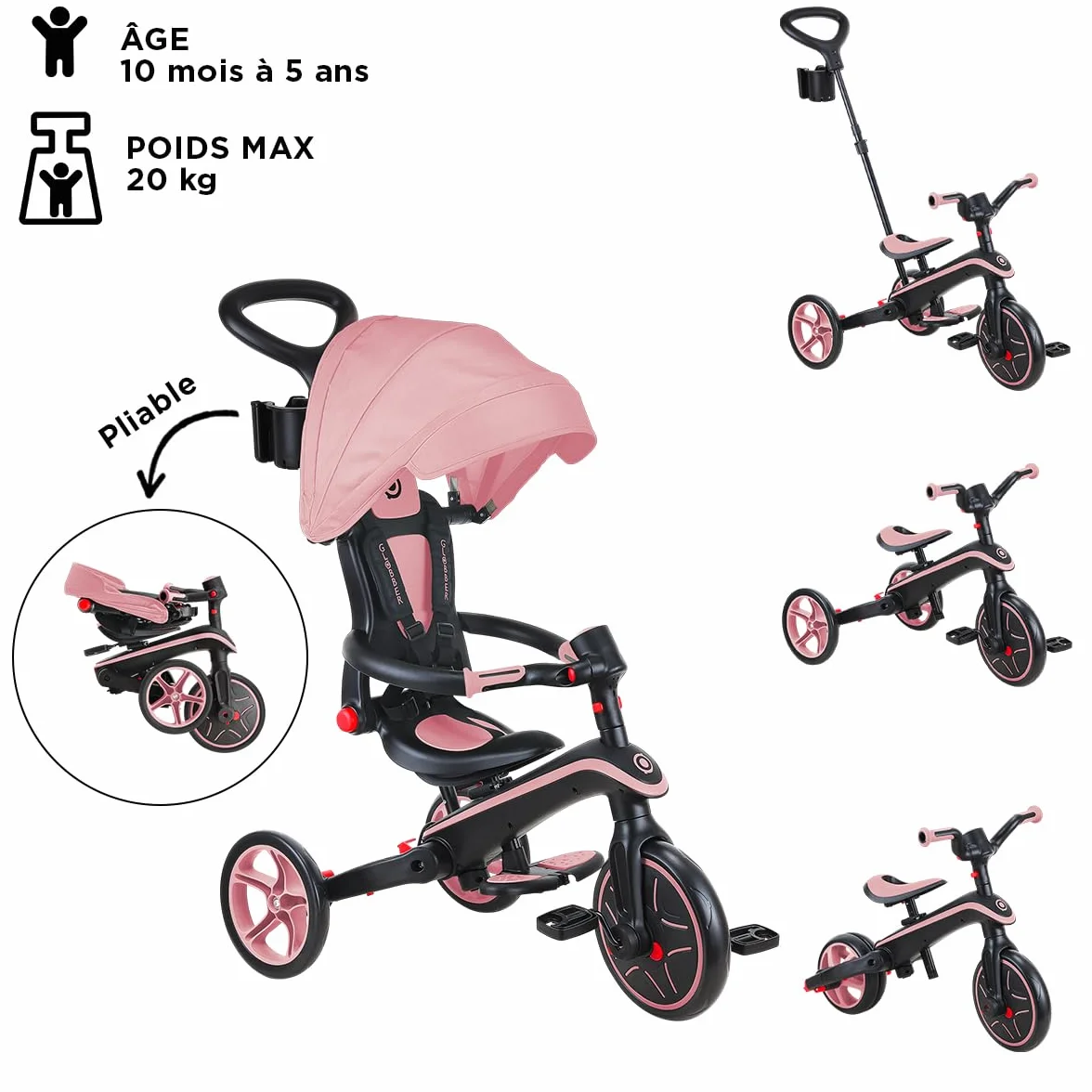 Globber Tricycle Explorer 4 en 1 - Triciclo Plegable y escalable en draisiana para niños de 10 Meses a 5 años - Pastel Rose