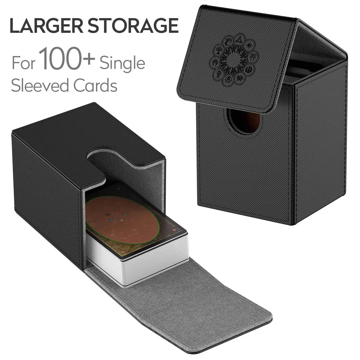 Pulchra Estuche para TCG, Magnetic Flip Box con 2 Divider, Tamaño Grande para 100+ Cartas, Deck Box - Dado Diseño (Elemental Design, Negro)