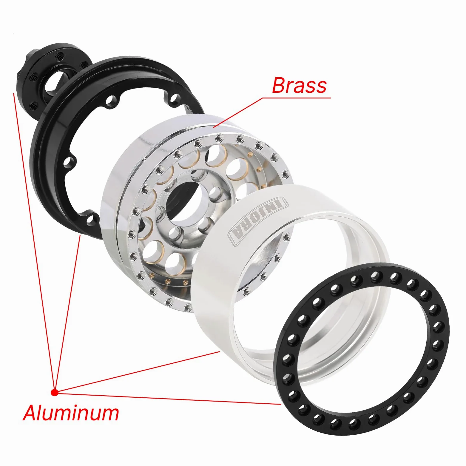 INJORA 1.9" Beadlock Llanta de Rueda - 150g Súper Pesado Latón y Aluminio Rueda de Plato Hondo para RC Crawler 1/10 SCX10 TRX4 VS4-10 Gen8,Plata
