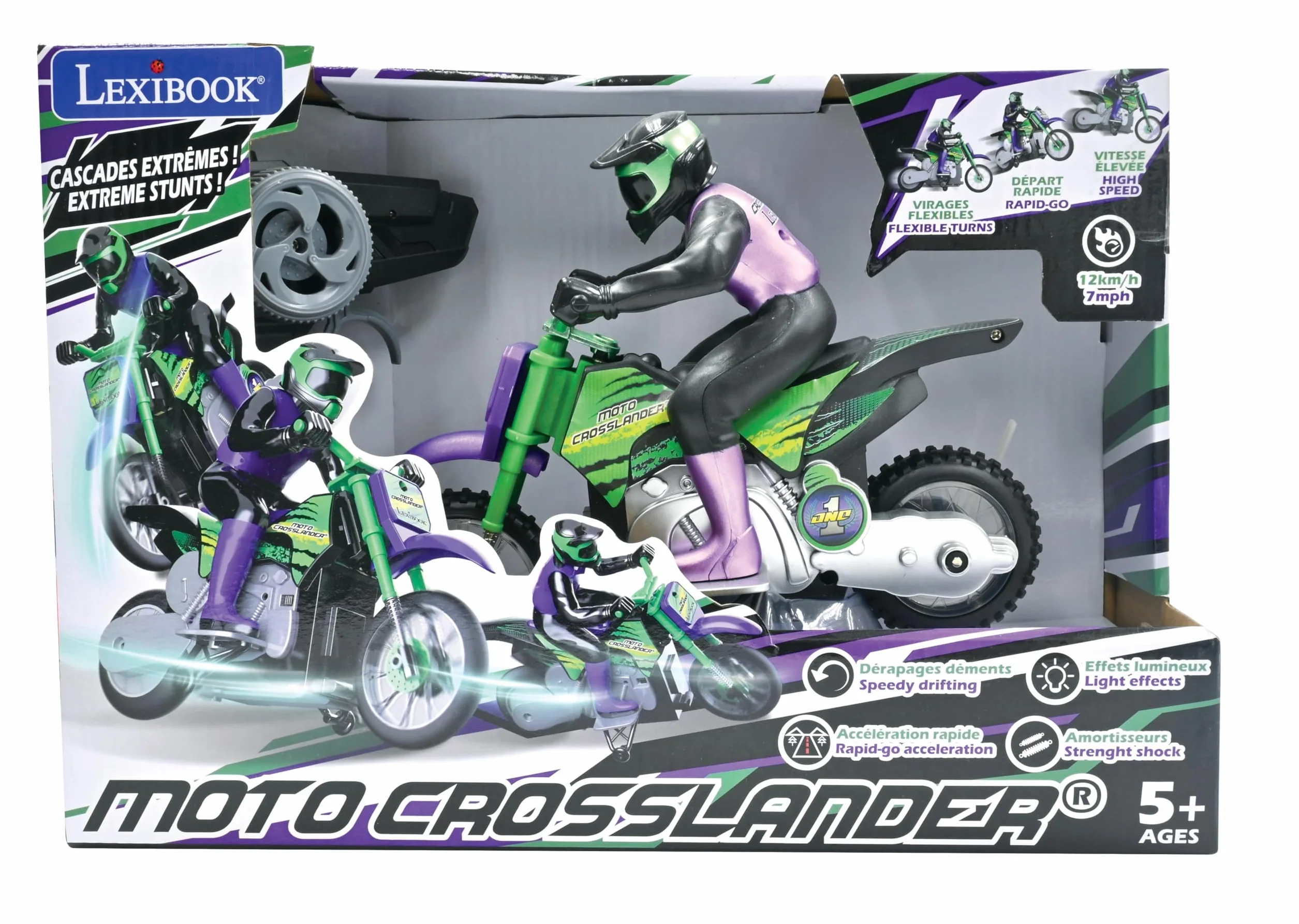 Lexibook, Moto Todoterreno radiocontrolada Crosslander®, hasta 12km/h, Equilibrio, Efectos de luz, derrapes Locos, aceleración rápida, Mando a Distancia ergonómico, Recargable, RC18LXB