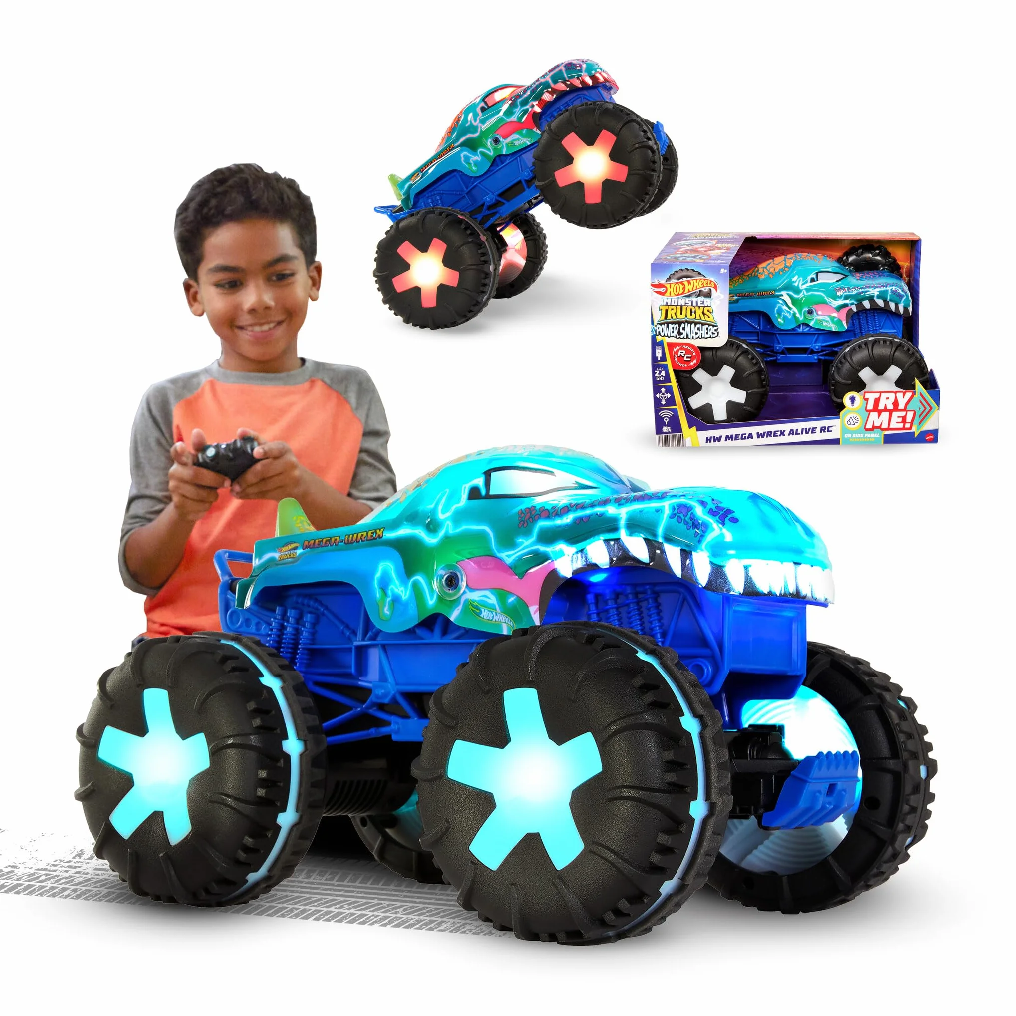 Hot Wheels Monster Trucks Mega-Wrex Coche Teledirigido Radio Control con Luces Sonidos 3 Modos Juego +5 Años JBD90