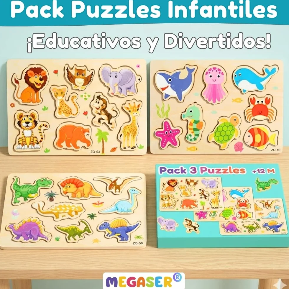 Puzzle Madera Niños 1 2 3 años 24 Animales Coloridos Set 3 Puzzles