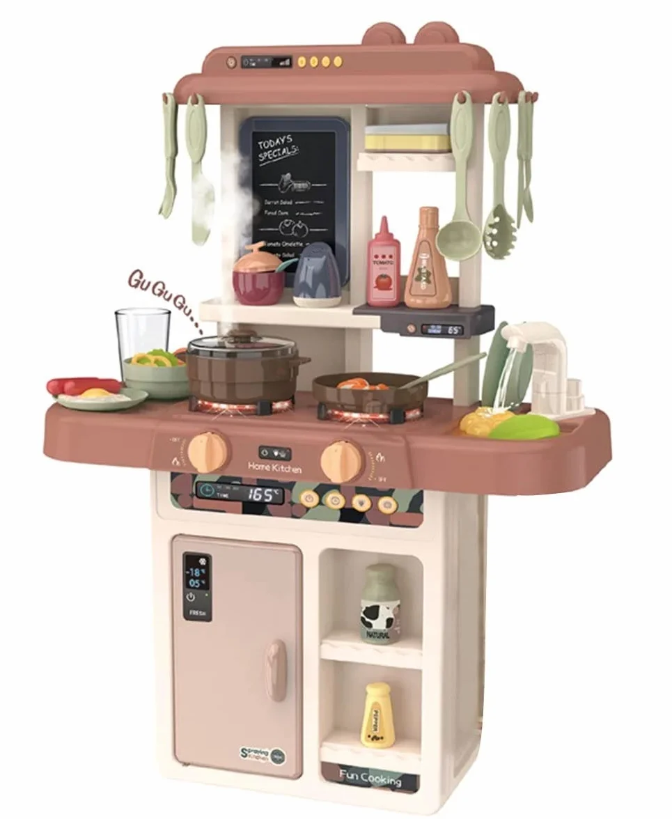 Cocina de Juguete niños Unisex, Incluye 36 Accesorios, fogones eléctricos con simulación de Fuego, Grifo con Bomba de Agua, Pizarra y Mucho más Juguetes + 3 años (Marrón)