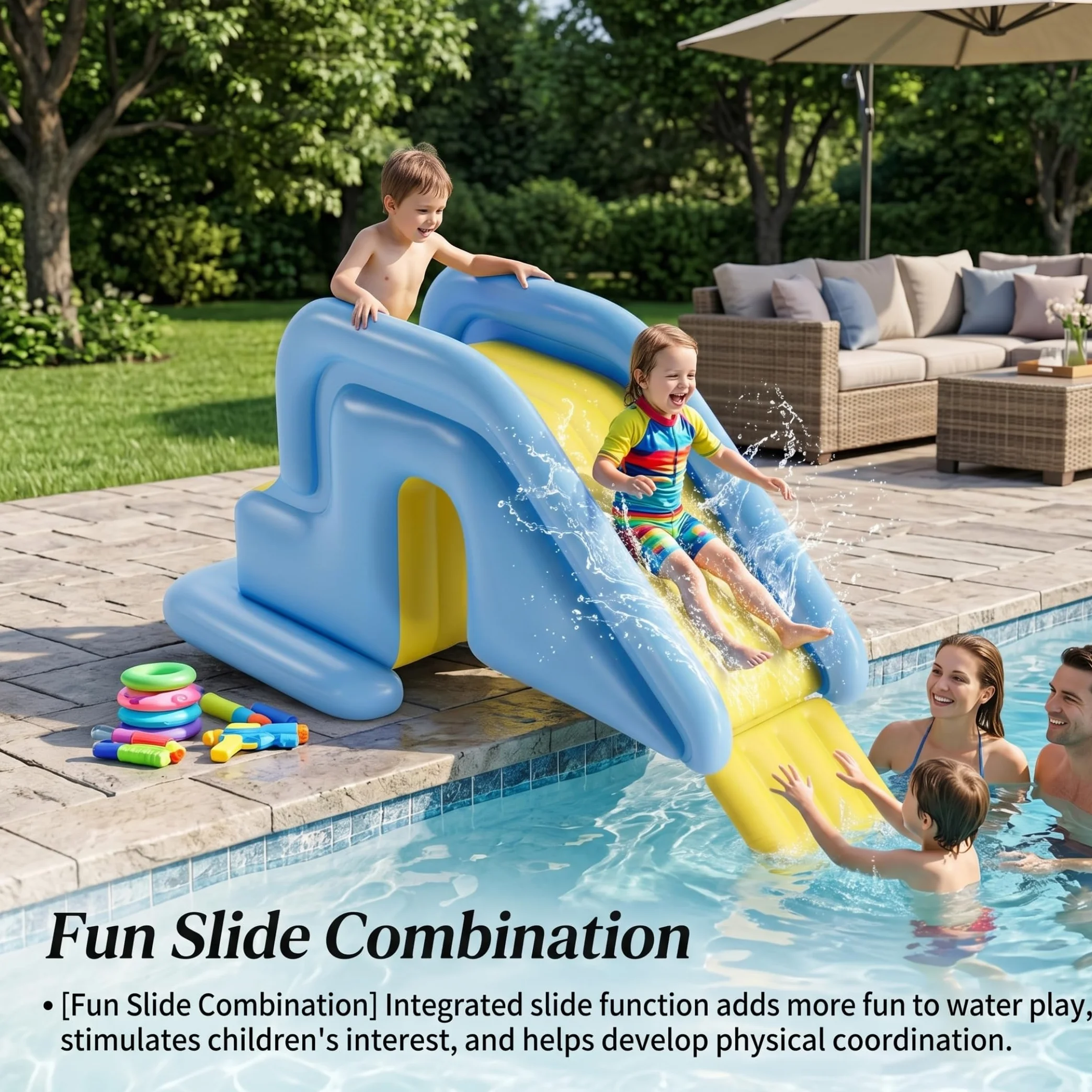 Tobogán Inflable para Piscina Azul Claro con Bomba de pie