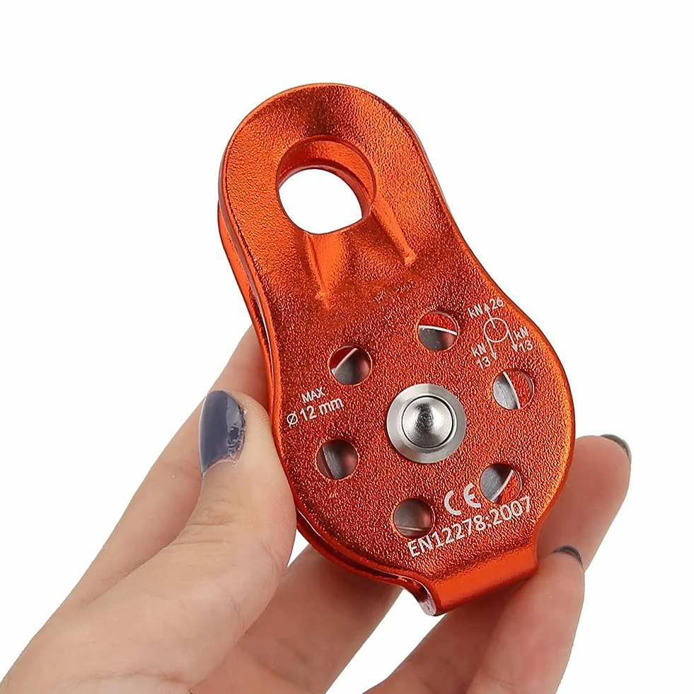 Polea de Escalada 26 KN Bloque de Polea de Cuerdas de Aluminio Mini Rescate Simple para Cuerdas de 12mm (Naranja)