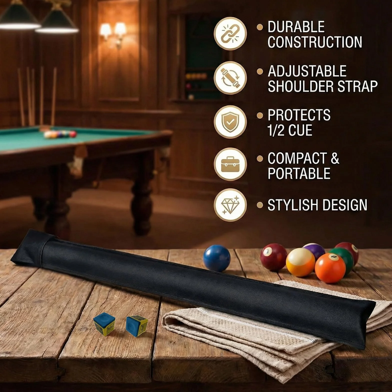 Bolsa de Taco de Billar Portátil con Guante y Tiza, Estuche para Palos de Snooker 1/2