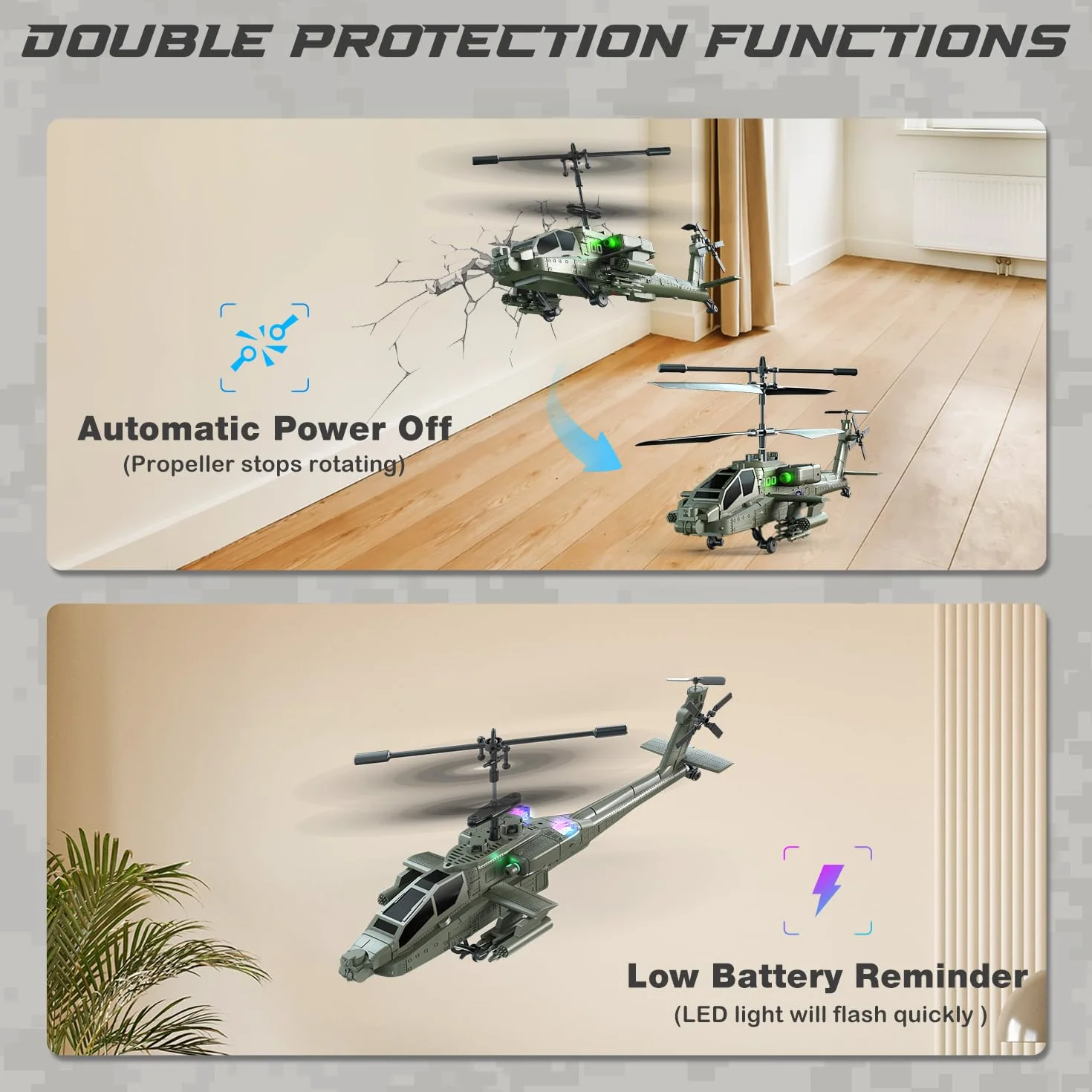 VATOS Helicóptero teledirigido 2.4G con 2 baterías y luz LED con despegue con un solo botón, serie militar de juguetes helicóptero RC para niños o principiantes de edades comprendidas entre 14 y más