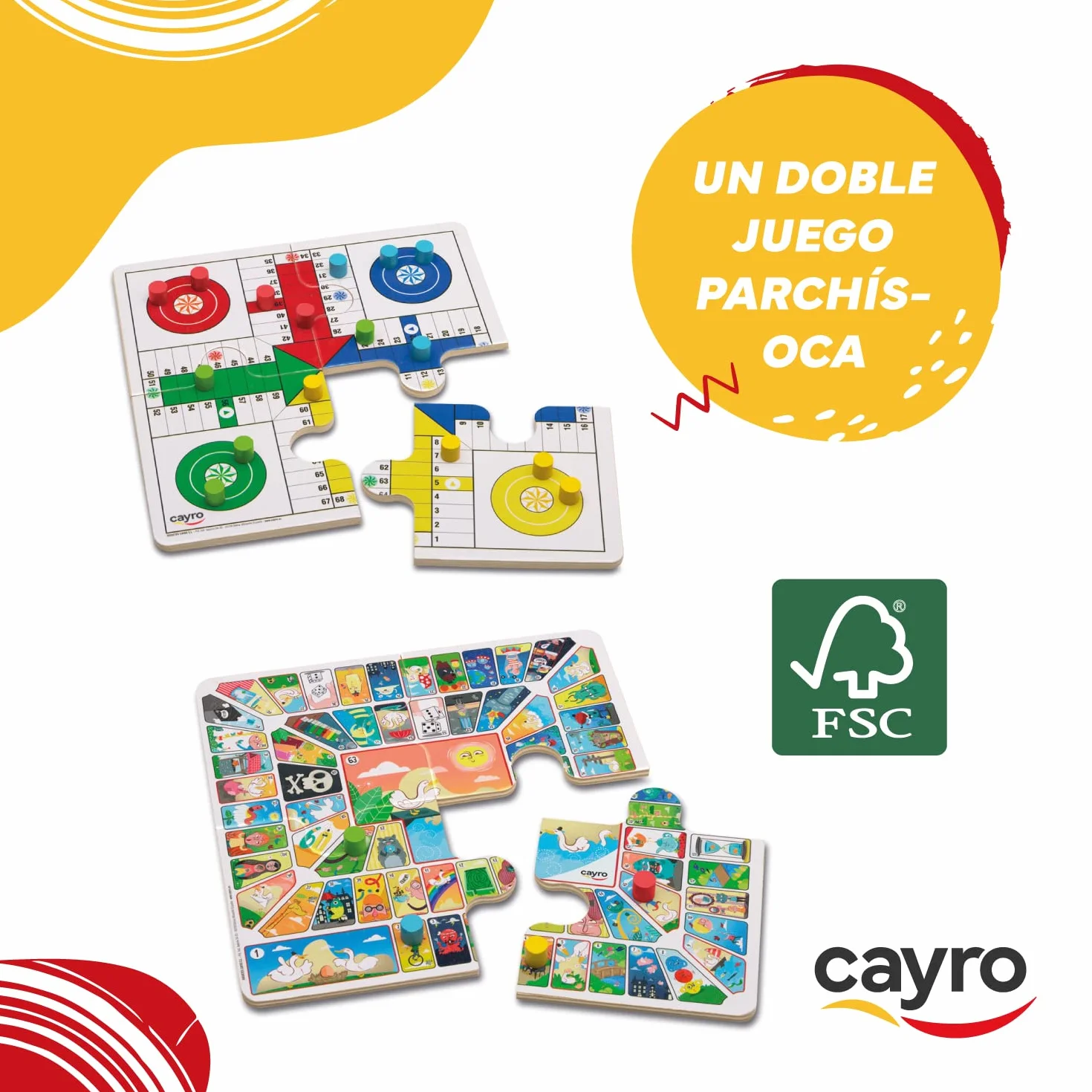 Cayro - Parchís y Oca - + 5 Años - Caja Metálica - Juego Divertido de Mesa para Niños y Adultos - Tablero, Cubiletes y Fichas de Madera - 2 a 4 Jugadores