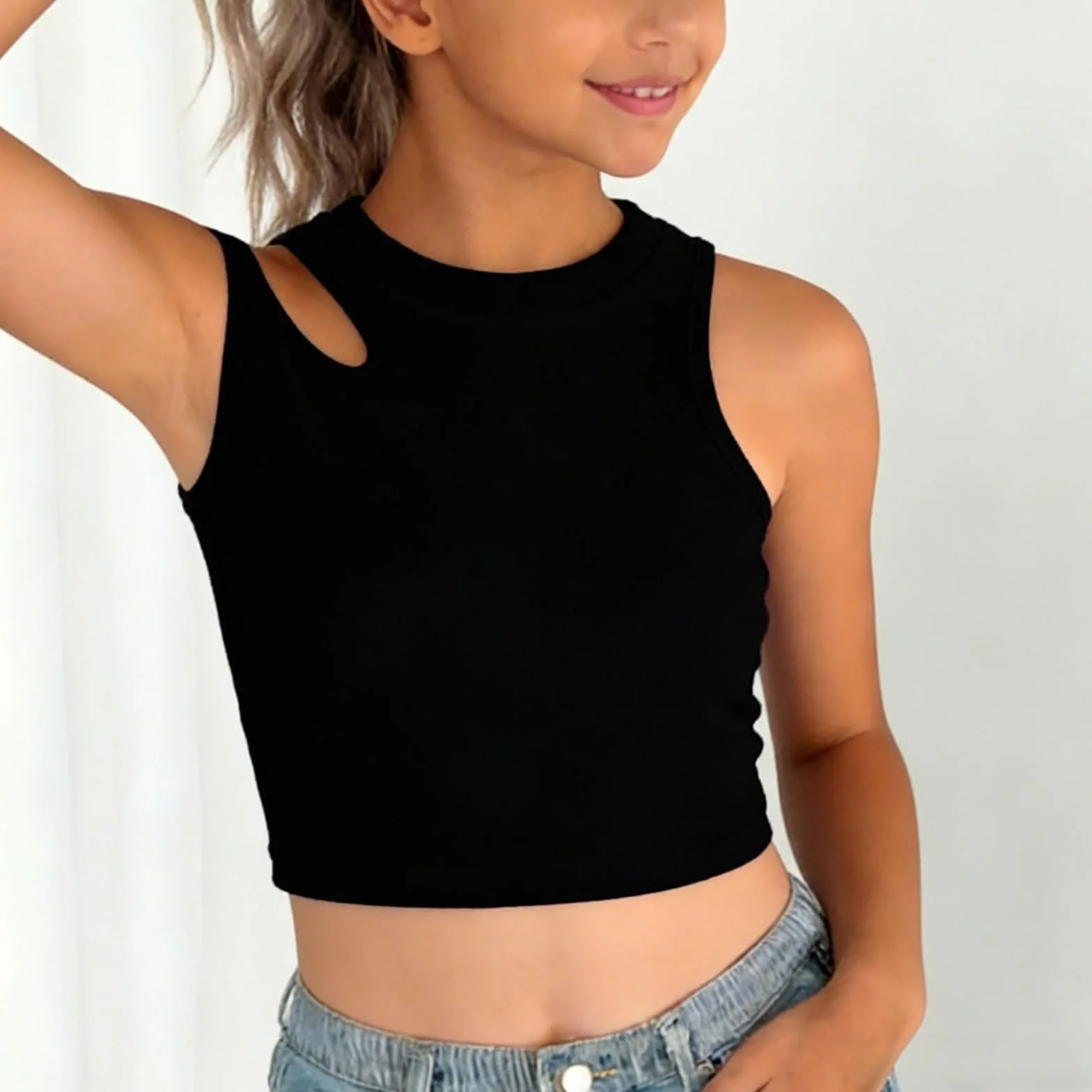 Camiseta deportiva sin mangas para niñas, cuello redondo, hombros descubiertos, para gimnasio y uso diario