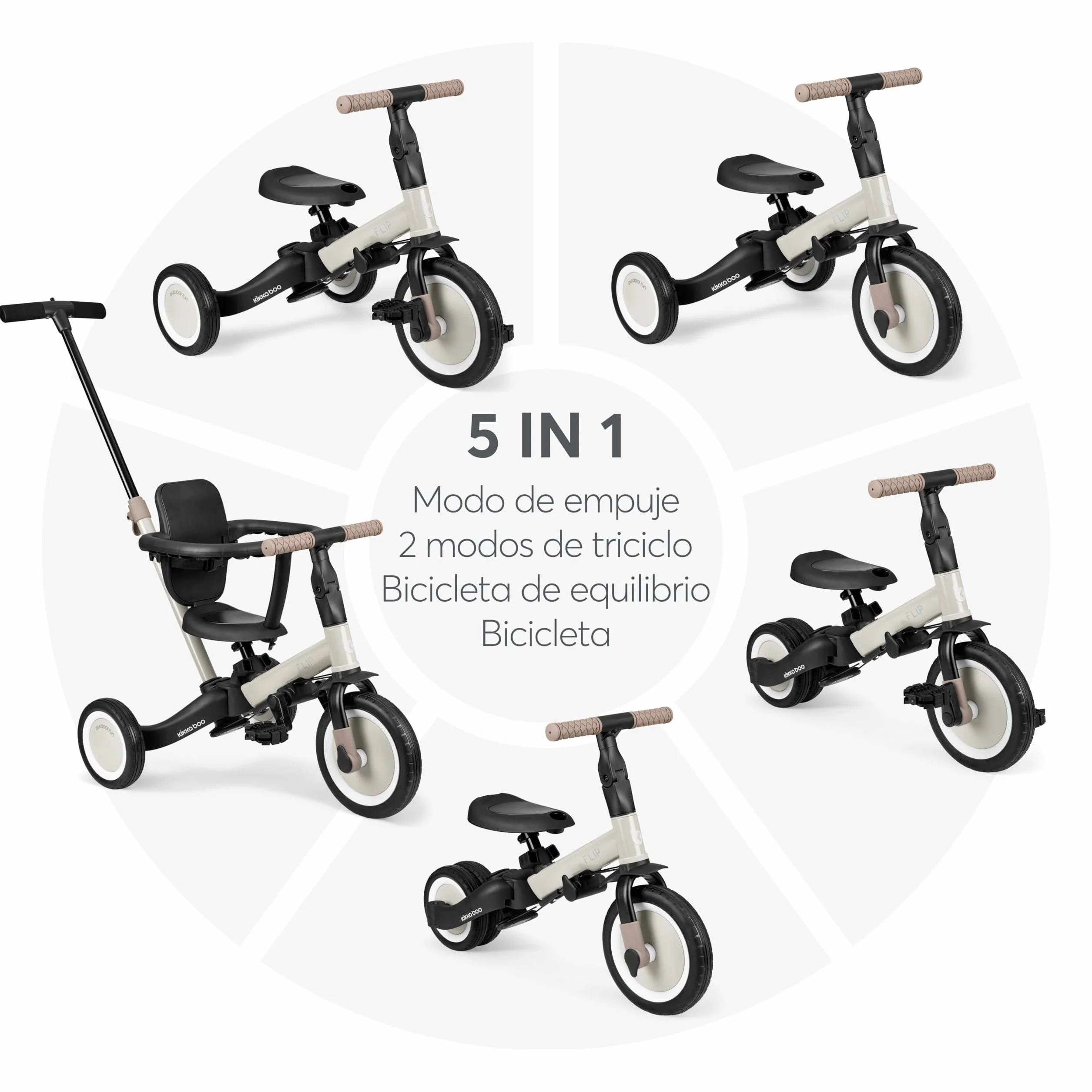 KikkaBoo FLIP, Triciclo Evolutivo de Bebé 5 en 1, Bicicleta con o sin Pedales, Ajustable y Transformable, Beige, Desde 1 Año Hasta 5 Años