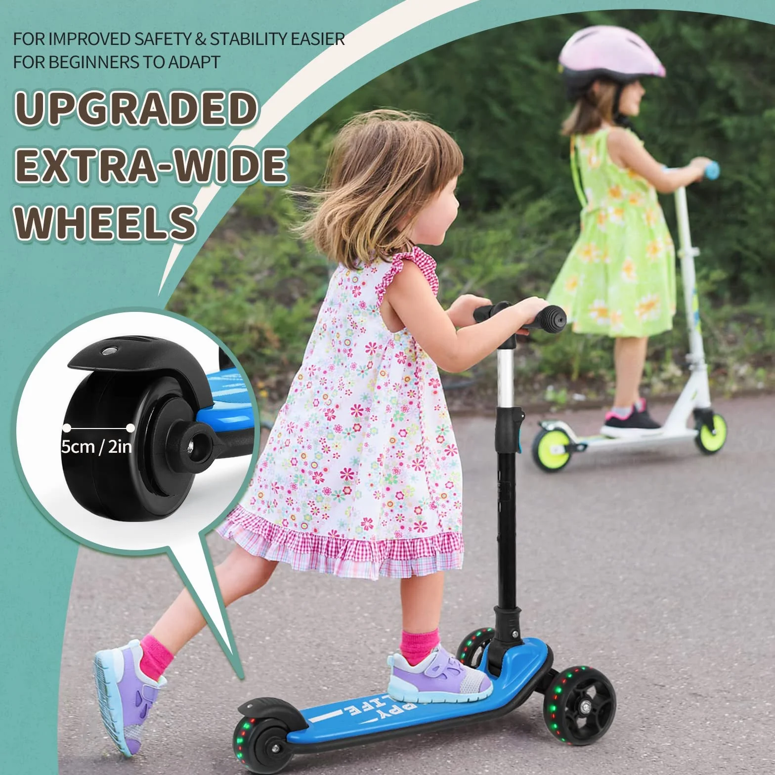 besrey Patinete para niños – Big Wheels Plegable con Luces LED Intermitentes para niños y niñas, 4 Niveles de Altura Ajustable, Tabla Ancha para niños de 2 a 8 años