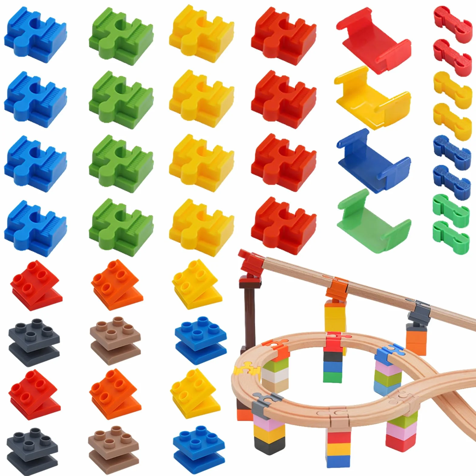 Shinybox 40 Piezas Conector de Pista de Juguete de Madera, Conectores de Carril de Plástico, Hacer Vías Tren Madera Juguete para Niños