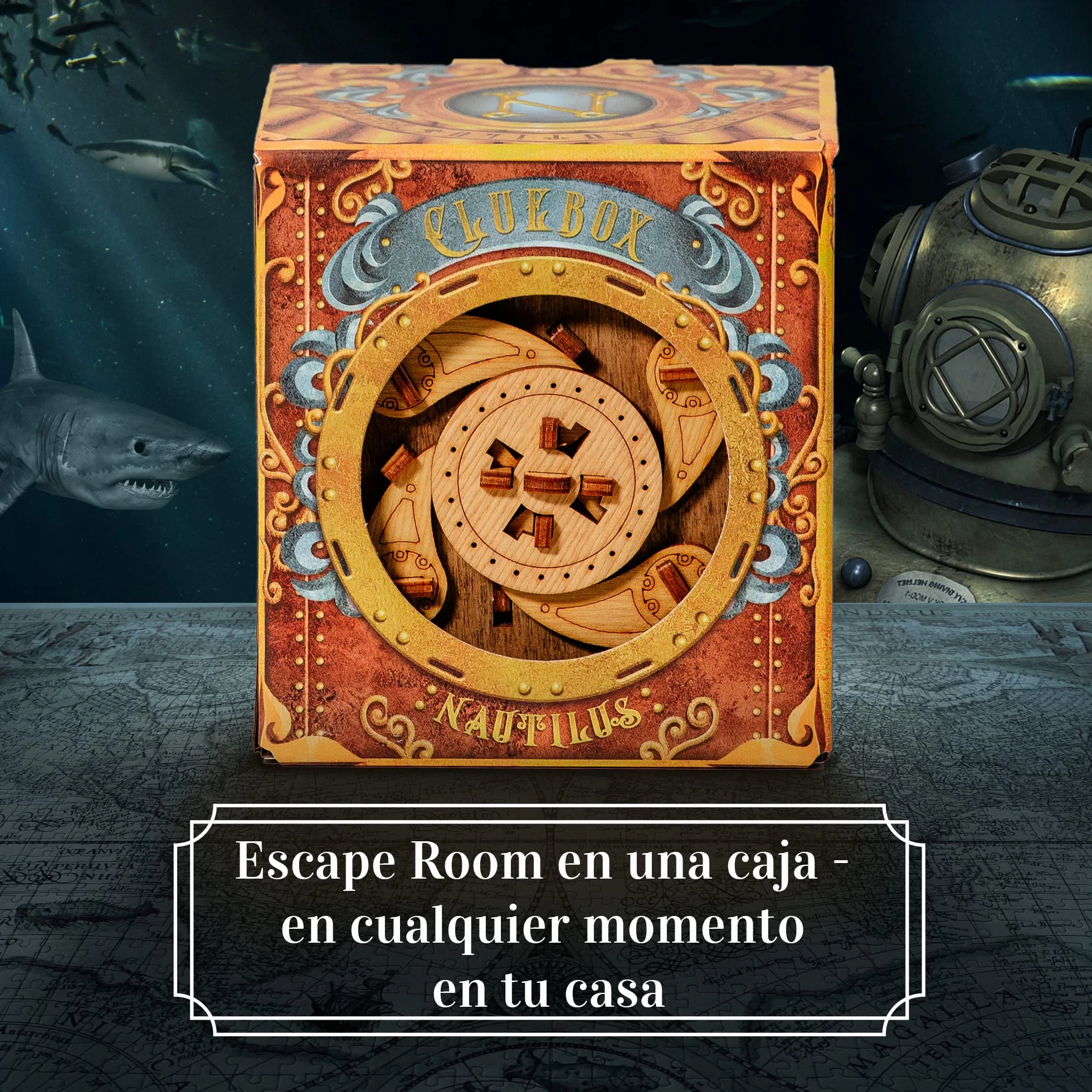 iDventure Cluebox - Capitán Nemo Nautilus - Juego de Escape Room - puzzle 3D de madera - caja misteriosa - caja secreta japonesa - regalo original - caja para dinero boda - rompecabezas para adultos