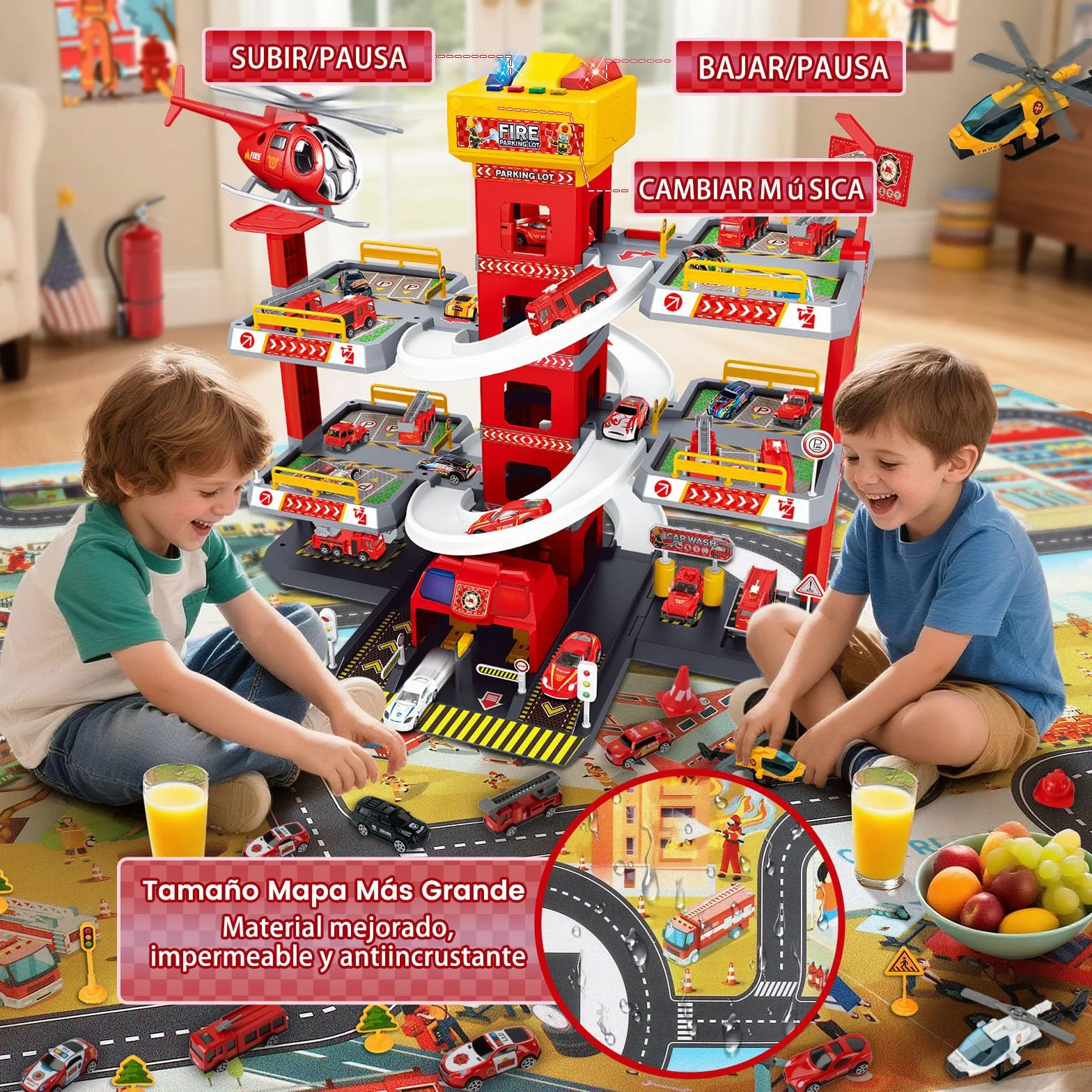 BuzzoXerex 5 Plantas Garaje Coches para Niños, Parking Molto con 14 Coches y 2 Helicóptero, Parking Juguete con Pista de Coches y Ascensor, Educativos Regalos para Niños 5 6 7 8 9 Años (Rojo)