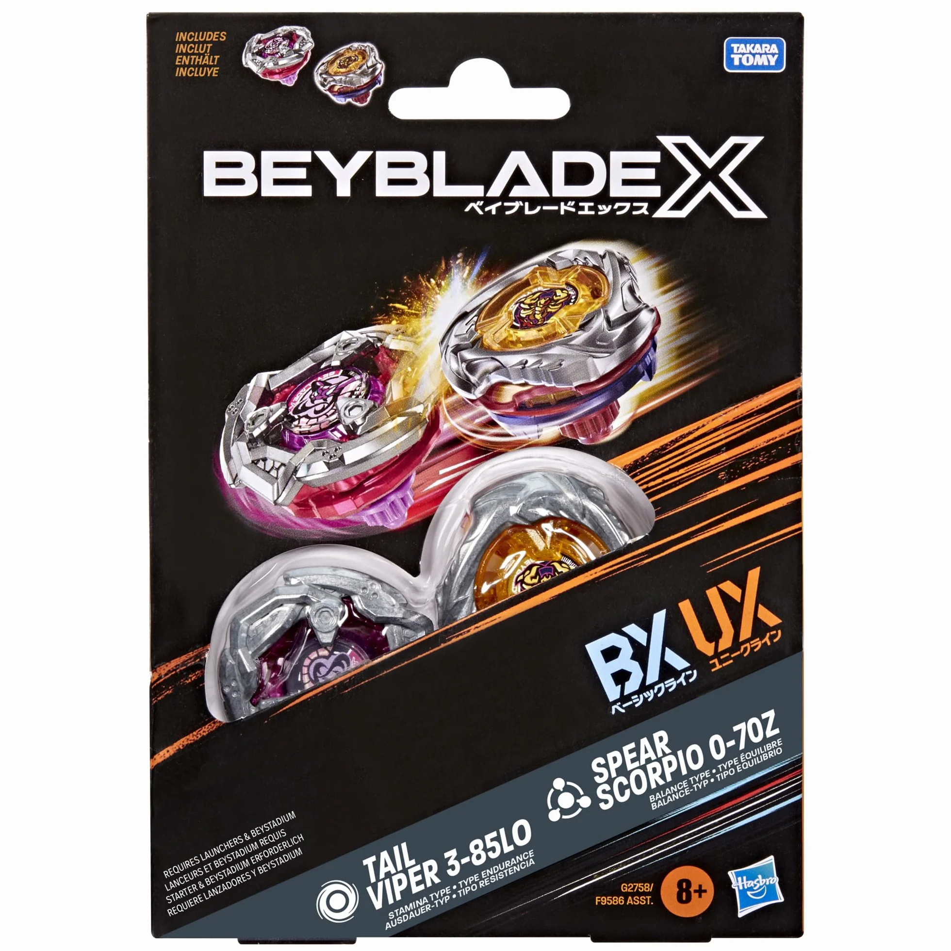 Beyblade X, Spear Scorpio 0-70Z UX y Tail Viper 3-85LO Bx, Pack Doble Takara Tomy con 2 Tops de rotación Derecha, Juego de Tops de Batalla, A Partir de 8 años