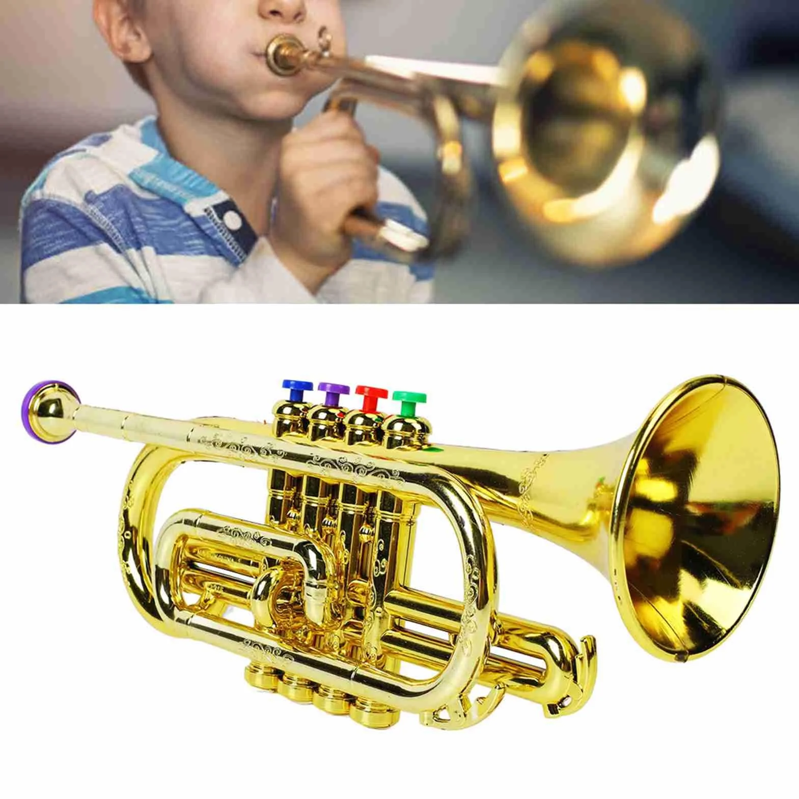 Generic Juguete Educativo de Trompeta Dorada para Niños con 4 Teclas de Colores, Sonido de Nota Diferente para Entrenamiento Musical para Niños