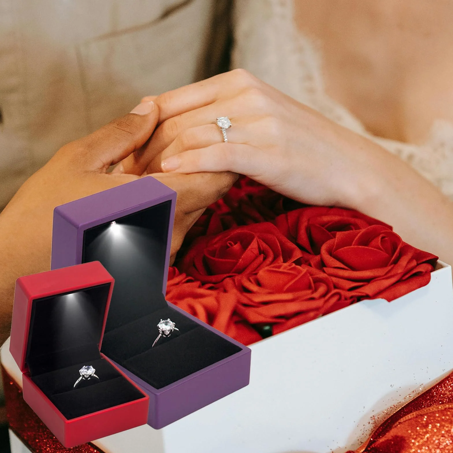 Caja de anillos,Light Ring Box,Jewelry Box,Caja de regalo de joyería,caja de almacenamiento,para Boda, propuesta,Compromiso,Aniversario(Negro)