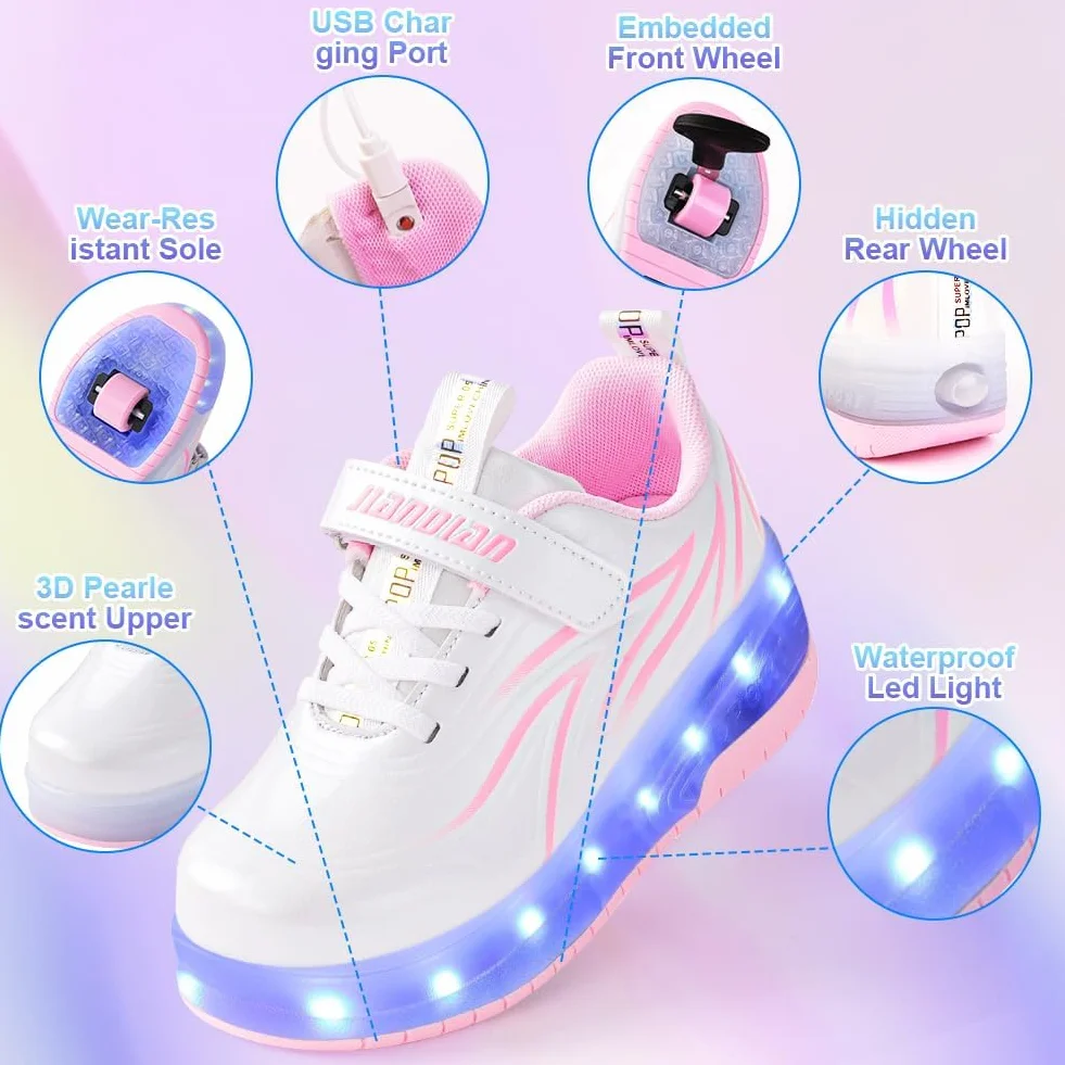 flintronic Buty z Dwoma Kółkami dla Dziewczynki, Świecące LED 2 w 1 Buty do Skateboardingu, Ładowane przez USB