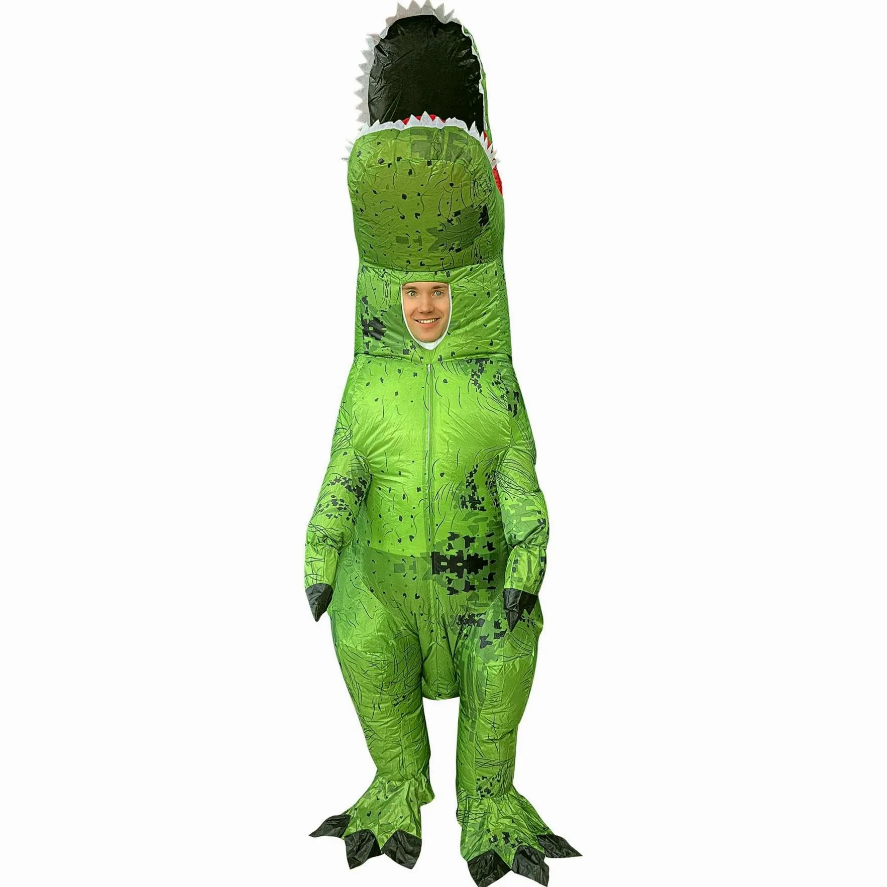 A2Z Disfraz inflable de dinosaurio para adultos con ventilador y caja de batería, divertido disfraz de T-Rex verde para hombres y mujeres, fiestas de Halloween, festivales, cosplay, carnavales, talla