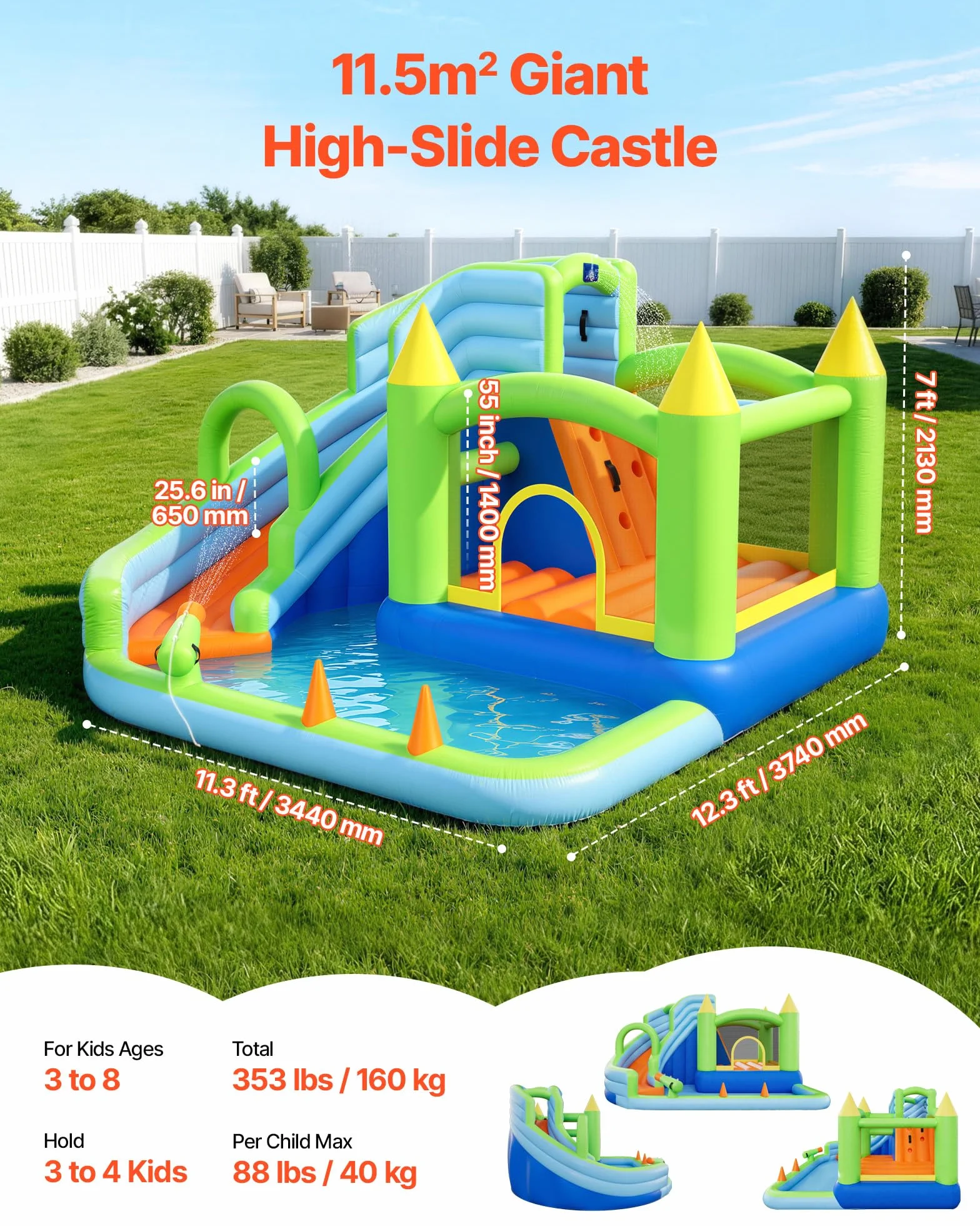 VEVOR Castillo Hinchable 344 x 374 x 213 cm, Parque Infantil Inflable con Tobogán Acuático, Aro de Baloncesto, Piscina de Chapoteo y Lanzamiento de Aros de Agua para 3 a 4 Niños de 3 a 8 Años