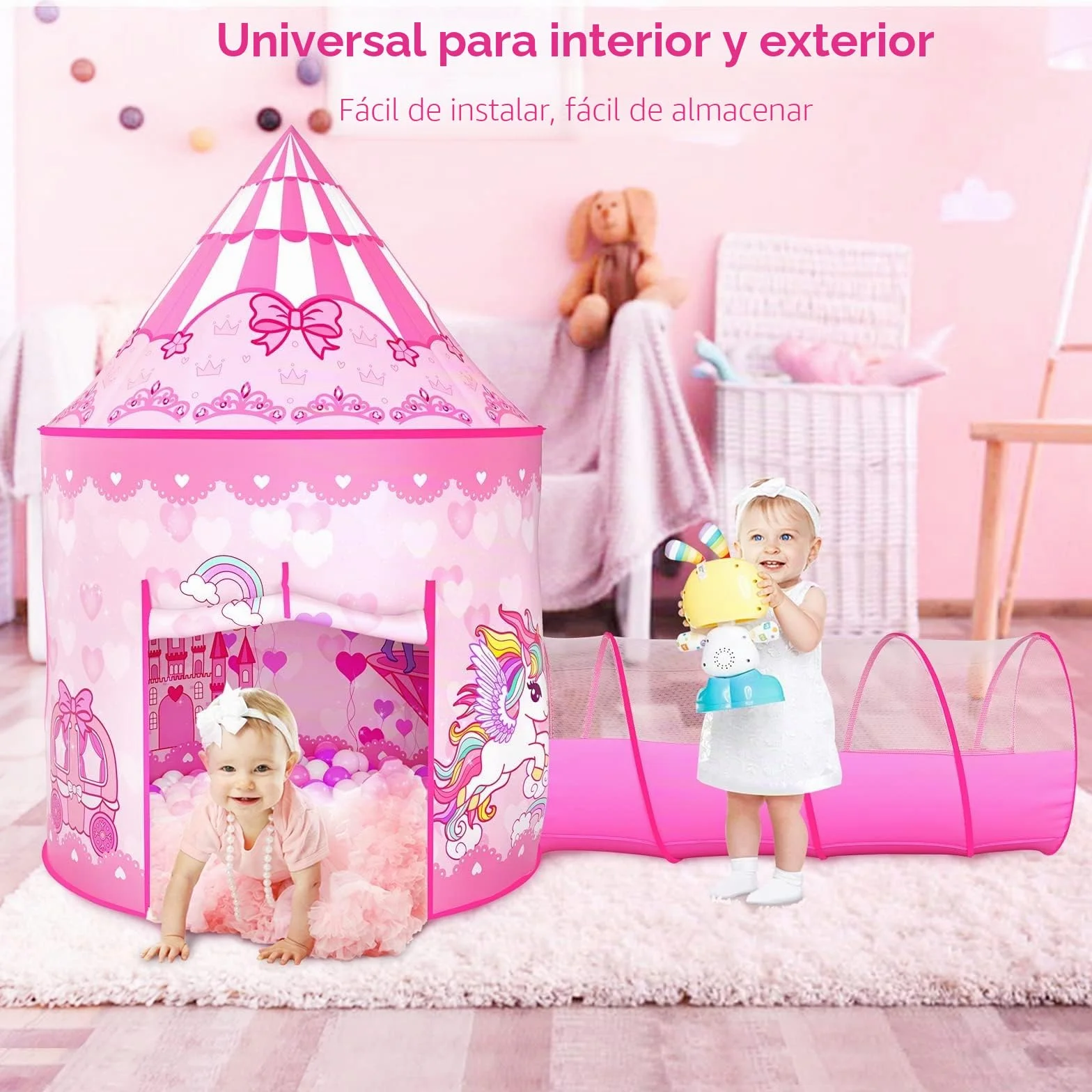 Wilwolfer Tienda de Campaña Infantil Pop-up+Túnel de Juego Infantil+Piscina de Bolas Bebé - 3-en-1 Tienda de Juego para Niños Niñas - Gran Casita Infantil Interior y Exterior