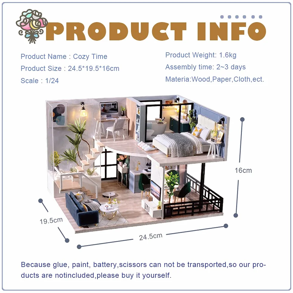 CUTEBEE Casa De MuñEcas En Miniatura con Muebles, Kit De Casa De MuñEcas De Madera DIY Plus A Prueba De Polvo Y Movimiento Musical, Escala 1:24 Idea Creativa De HabitacióN - L32