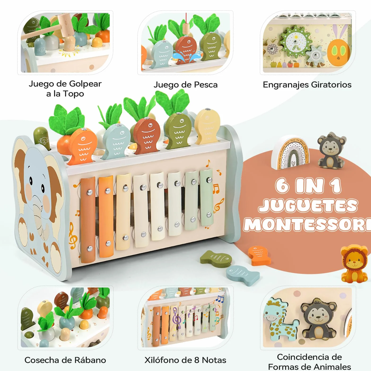 Juguetes Montessori 1 Años, 6 en 1 Juguetes Niños 1 Año, Juguetes Madera con Martillo, Xilofono Bebe, Juego de Pesca, Juegos Sensoriales Educativos Regalo Niño Niña 1 2 3 Años Cumpleaños Navidad