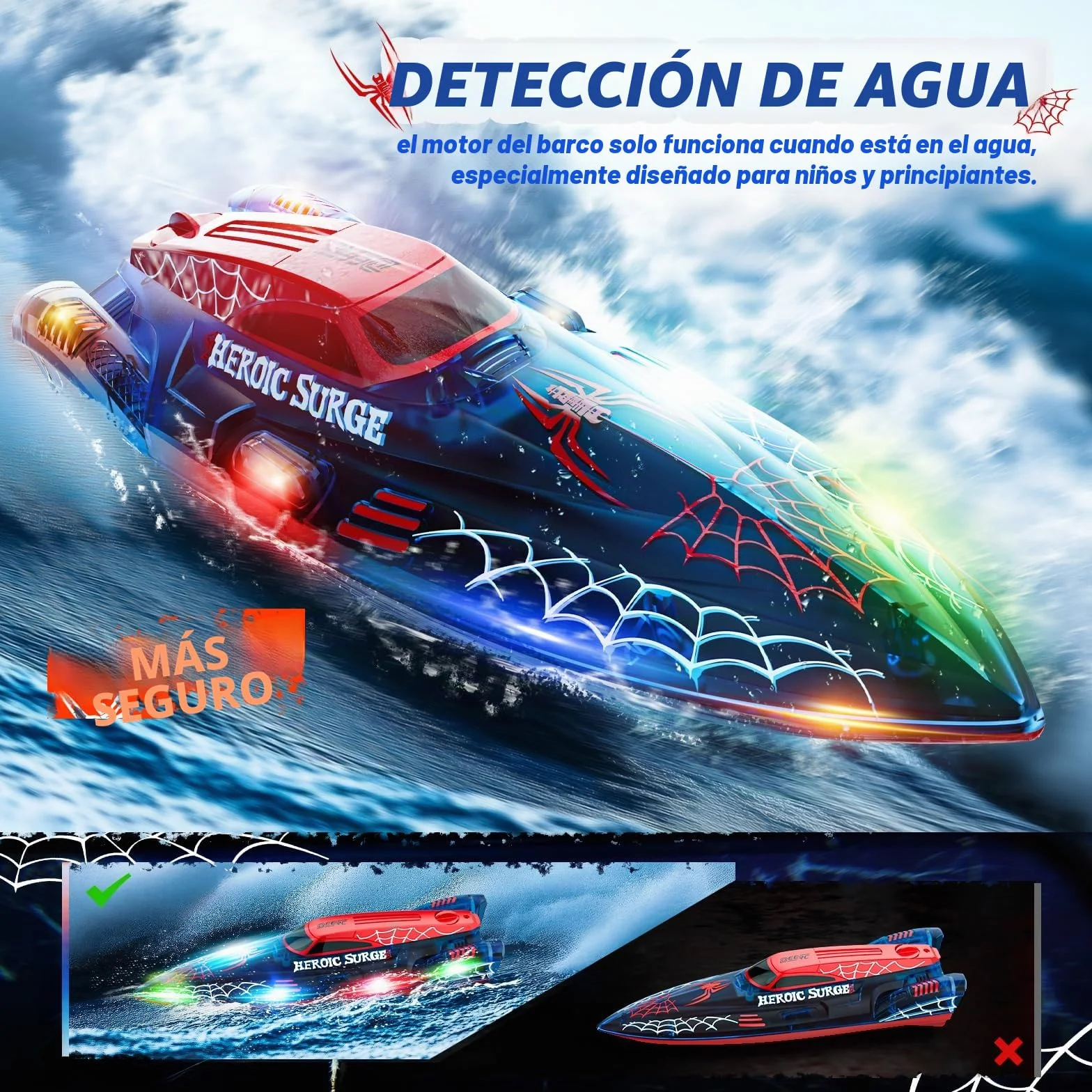 DEERC Barco teledirigido de 13 Pulgadas para niños, Barco araña teledirigido de 2,4 GHz con Luces LED para Piscinas y Lagos, Juguete acuático de Verano para niños de 8 a 12 años, 2 Pilas