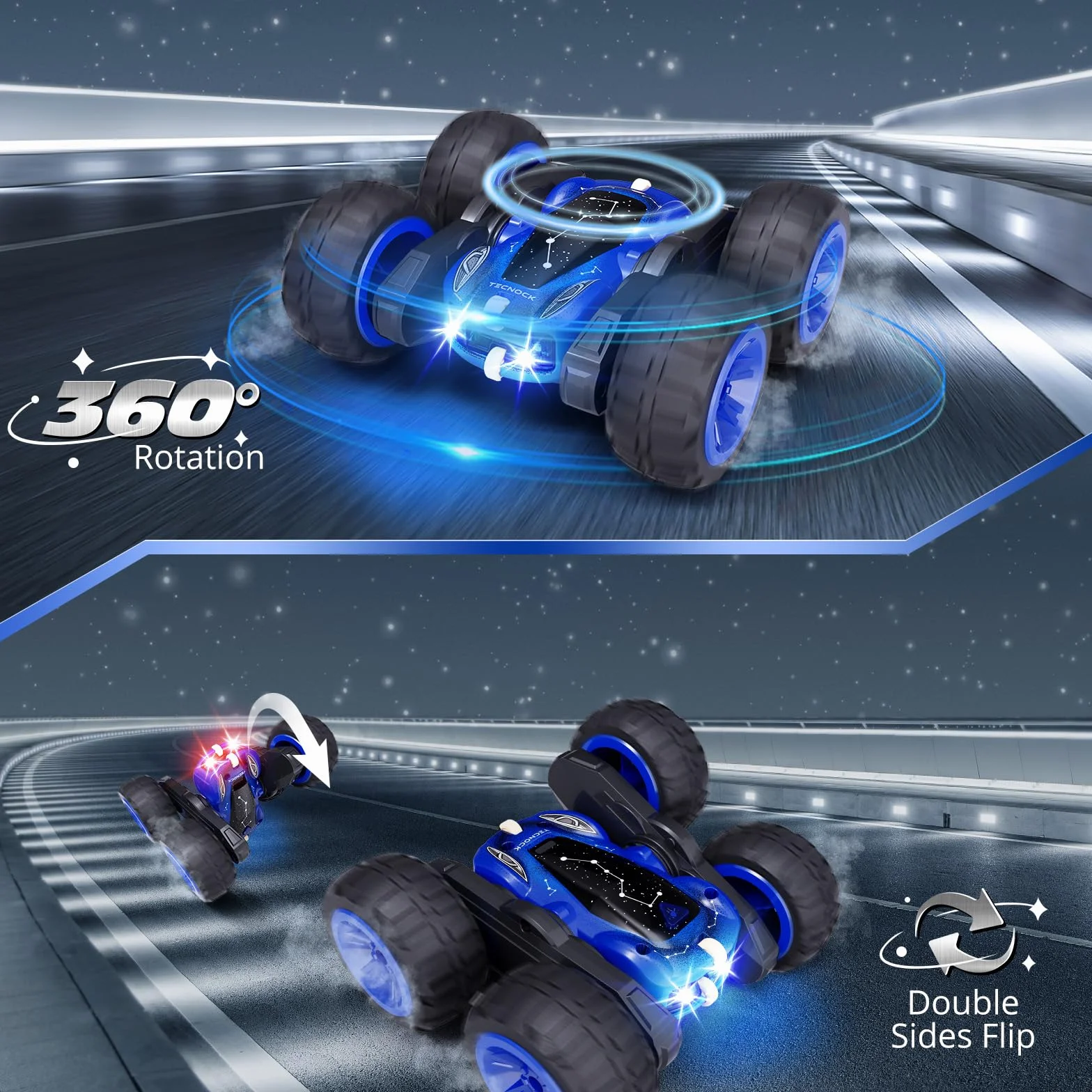 Tecnock Coche Teledirigido 2,4 GHz 360° Flip Stunts RC Monstertruck con Luz Colorida Juguete al Aire Libre Regalo para Niños 3-12 Años