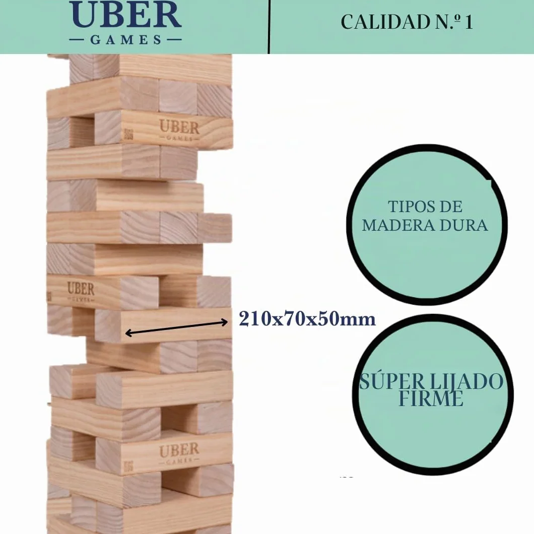 Ubergames Torre gigante tambaleante de hasta 160+ cm XXL Jumbo Hi-Tower en bolsa – 1,6 m (máximo en el juego). Juego de torre de madera de pino macizo - Bloques extra de lujo y bolsa (hasta 160+ cm)