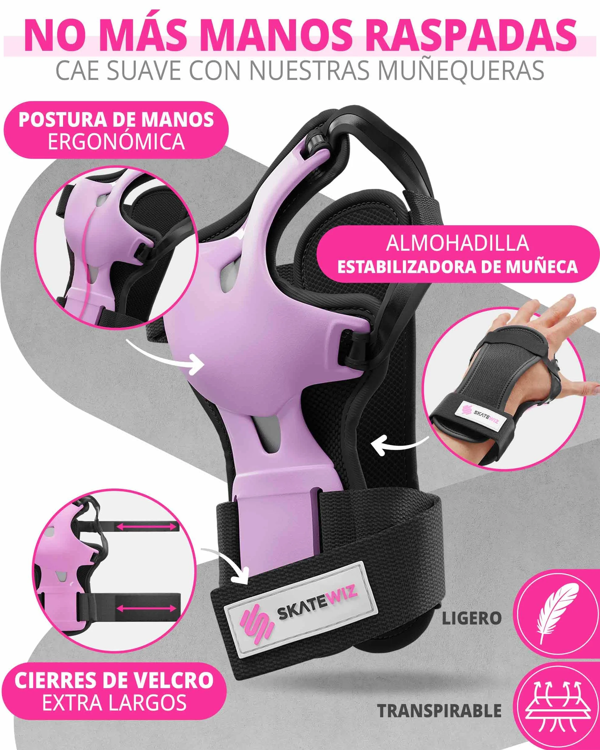 SKATEWIZ Protecciones Patines Set 6 Piezas Rodilleras Coderas Muñequeras Niño Niña Adolescentes Adultos