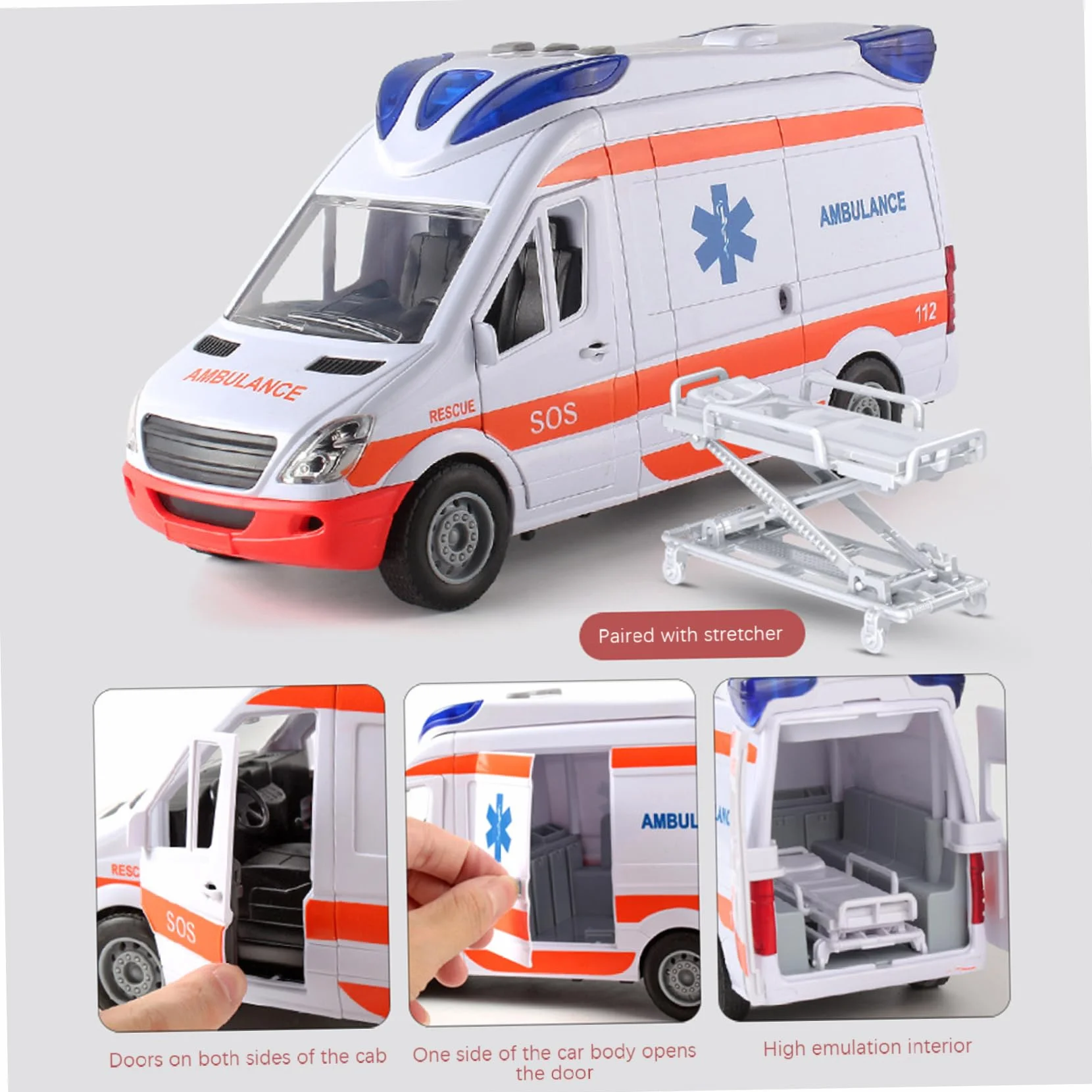1pc Ambulance Juguete con Luces y Sonidos simulación Ambulancia de Juguete de batería con 5 Puertas Abiertas Vehículo de Juguete de inercia para niños Antimitaciones de 3+ cumpleaños