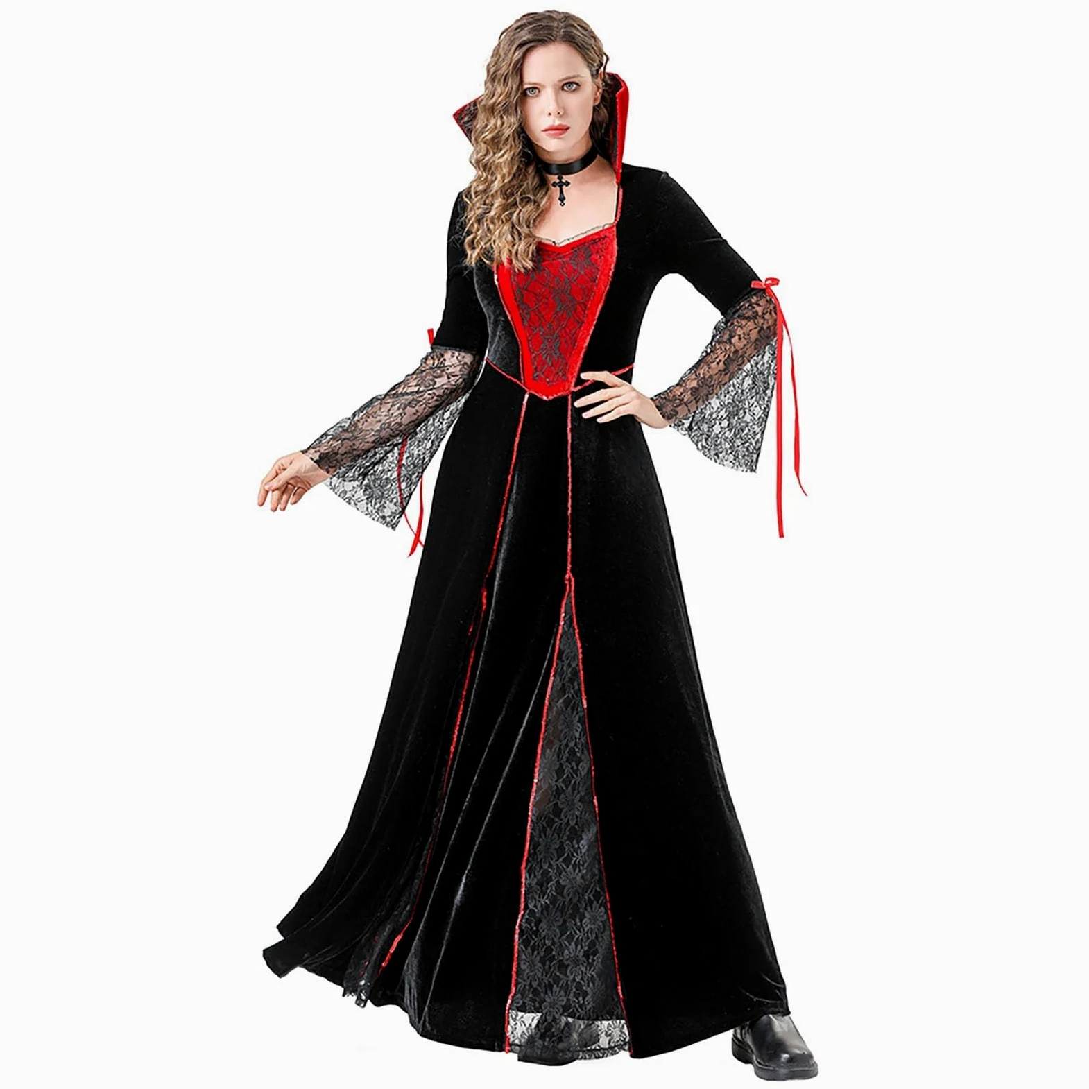 Disfraz medieval para mujer, bruja, cuello de pico, manga larga, vestido maxi para Halloween, cremallera, escenario, disfraz, pirata, renacimiento, Halloween, cosplay, carnaval, disfraz, rockabilly