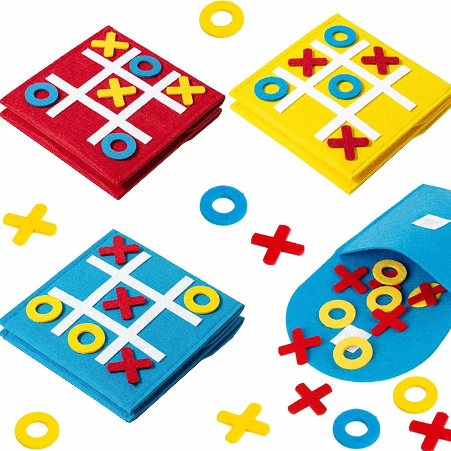 Juego de tres en raya de fieltro 6 piezas 12x12 cm portátil para niños rojo amarillo azul