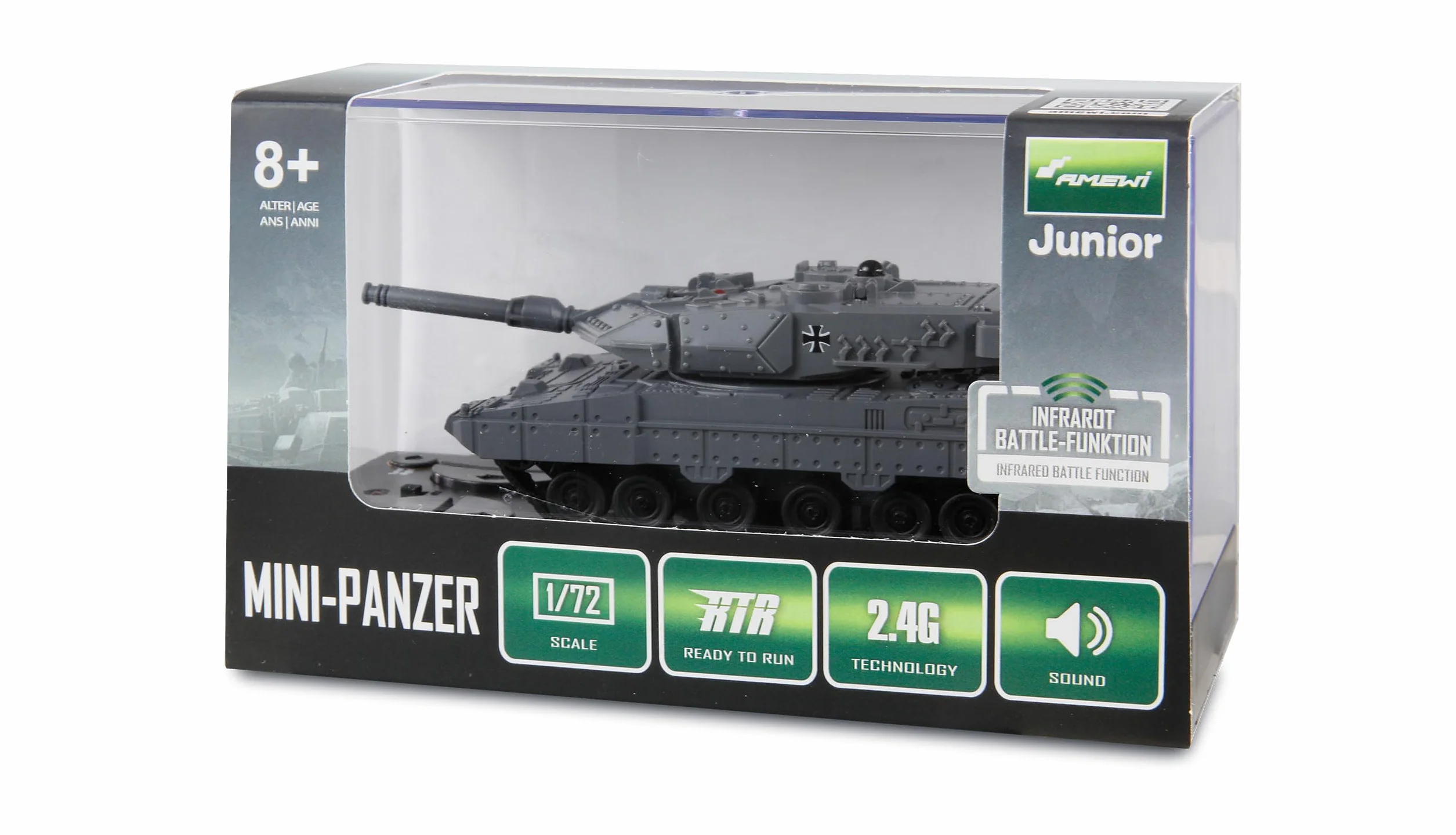 Amewi RC Leopard II - Minitanque con función de batería por Infrarrojos (Mando a Distancia, 1:72, niños a Partir de 8 años), Color Gris
