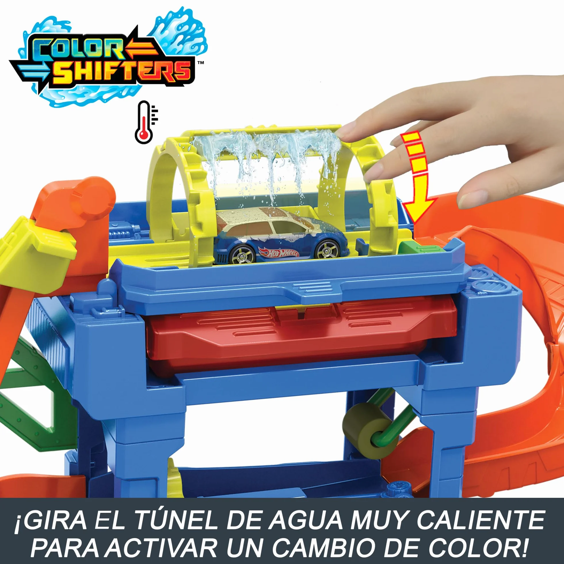 Hot Wheels City “Let's Race - ¡a correr!” Netflix -Túnel de lavado con giros Pista para coches de juguete, incluye 1 vehículo color shifter, +4 años (Mattel HTN80)
