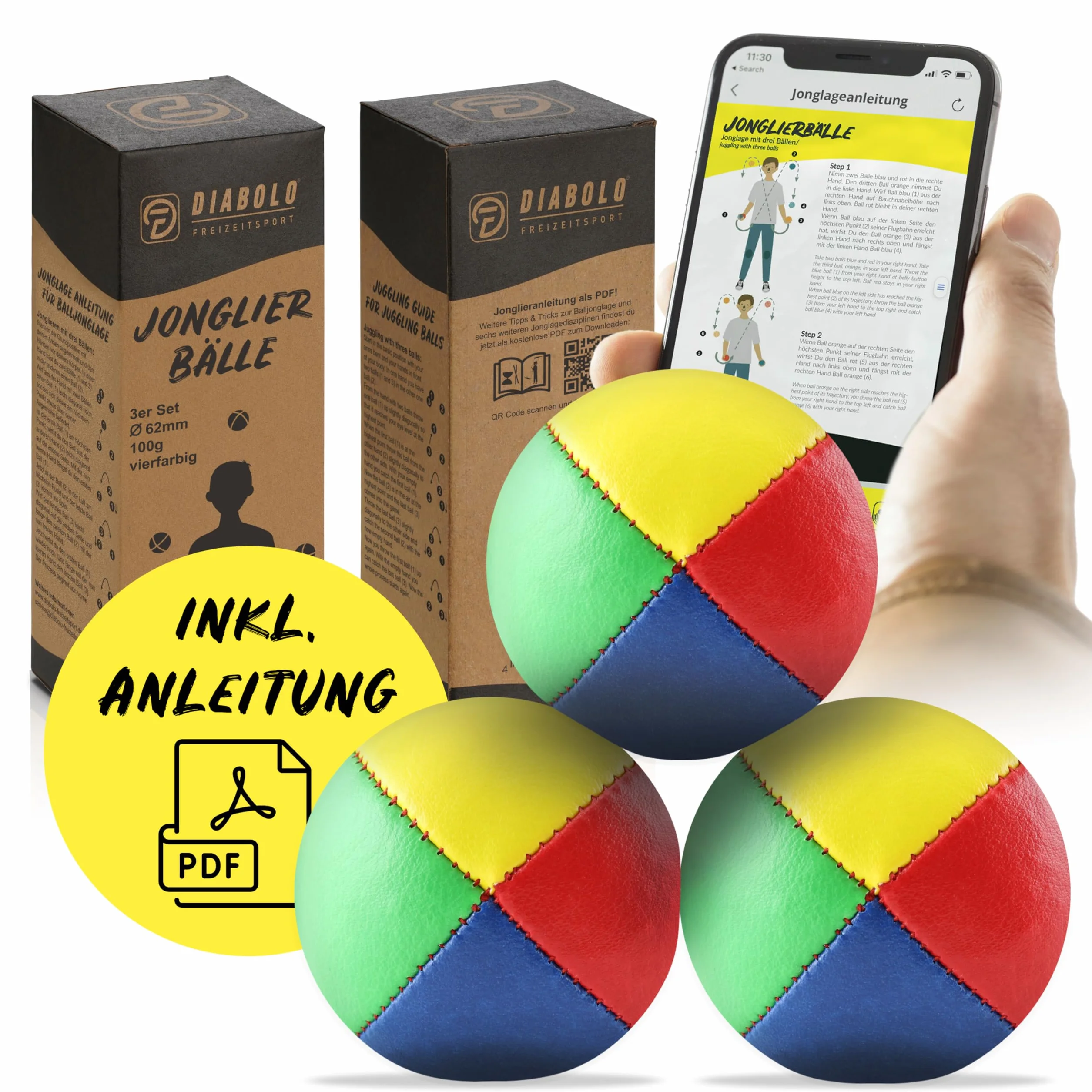 Diabolo Freizeitsport Juego de 3 pelotas de malabares de 62 mm con mijo de pájaro sostenible, piel sintética impermeable, ideal para niños y principiantes