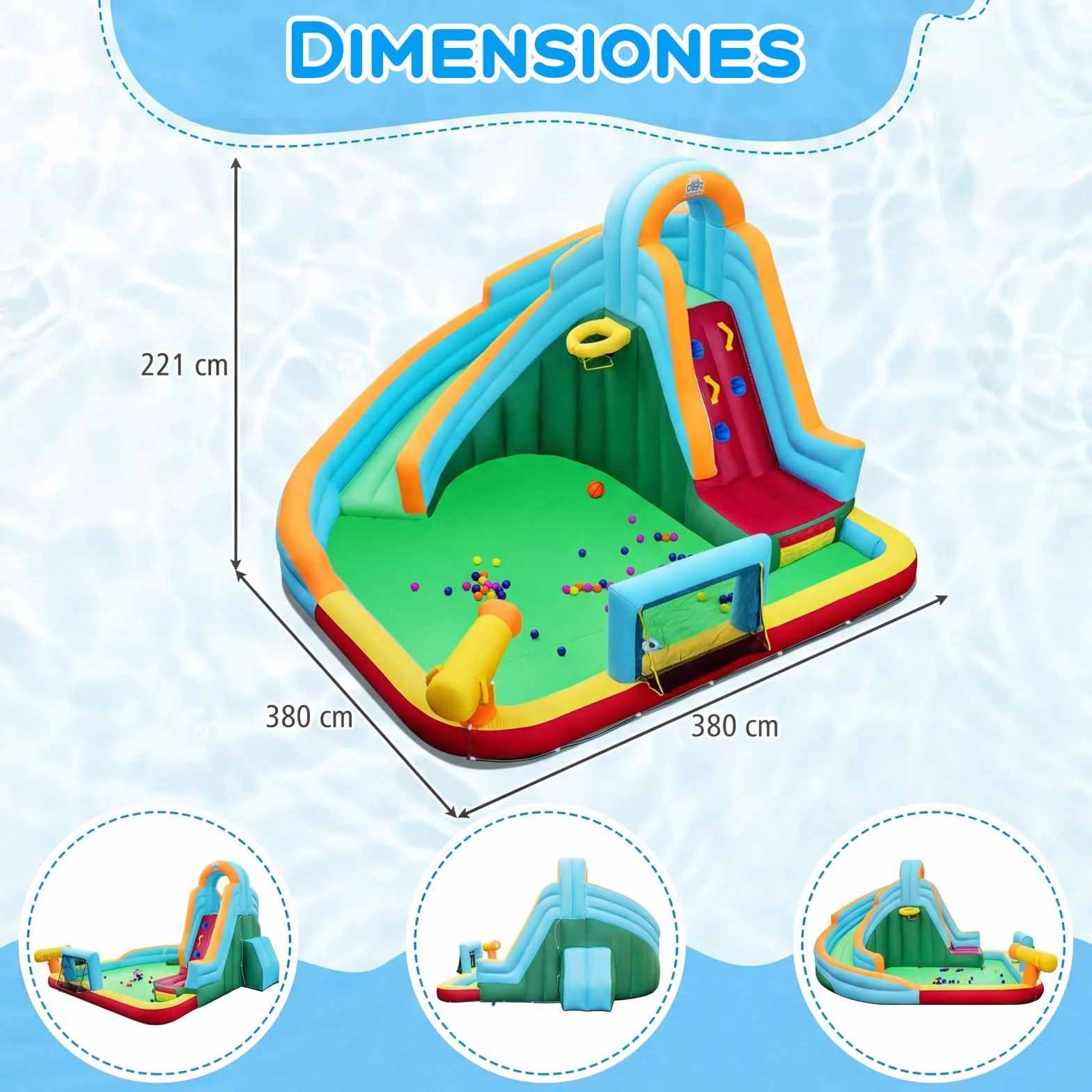 COSTWAY Castillo Hinchable Niños con Tobogán AcuáTico, Parque Infantil Inflable con Bolas Oceánicas, Fútbol, Baloncesto, Muro de Escalada, Aro, Portería y Cañón de Agua para 3 a 12 Años (Sin Soplador)
