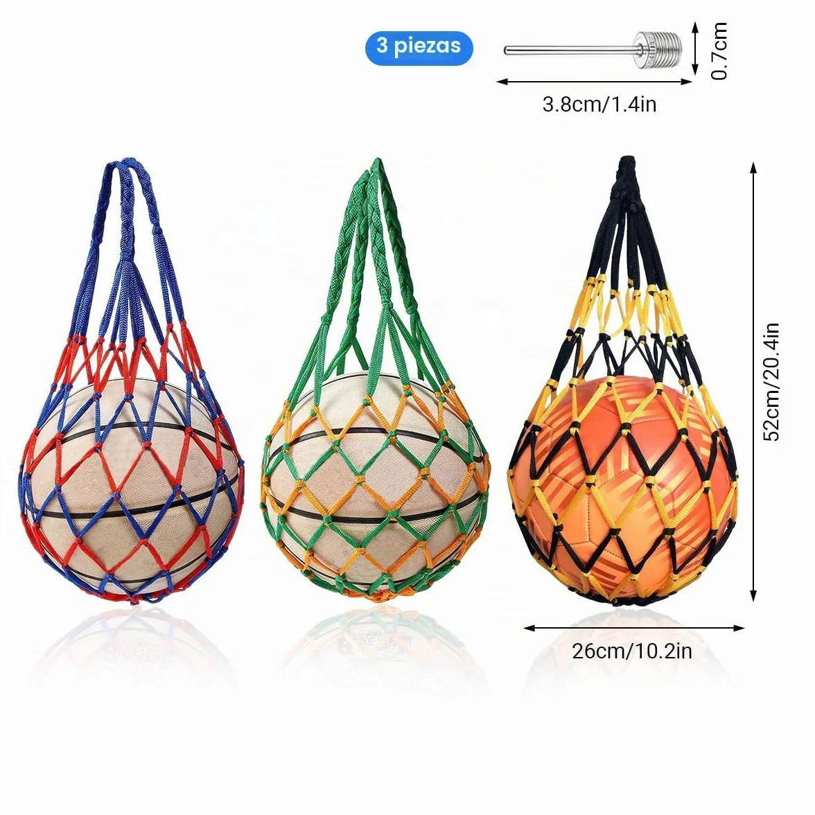 Bolsa de Malla para Balones de Fútbol, Baloncesto, Voleibol - Red de Nailon Reutilizable con 3 Piezas y Agujas Inflables