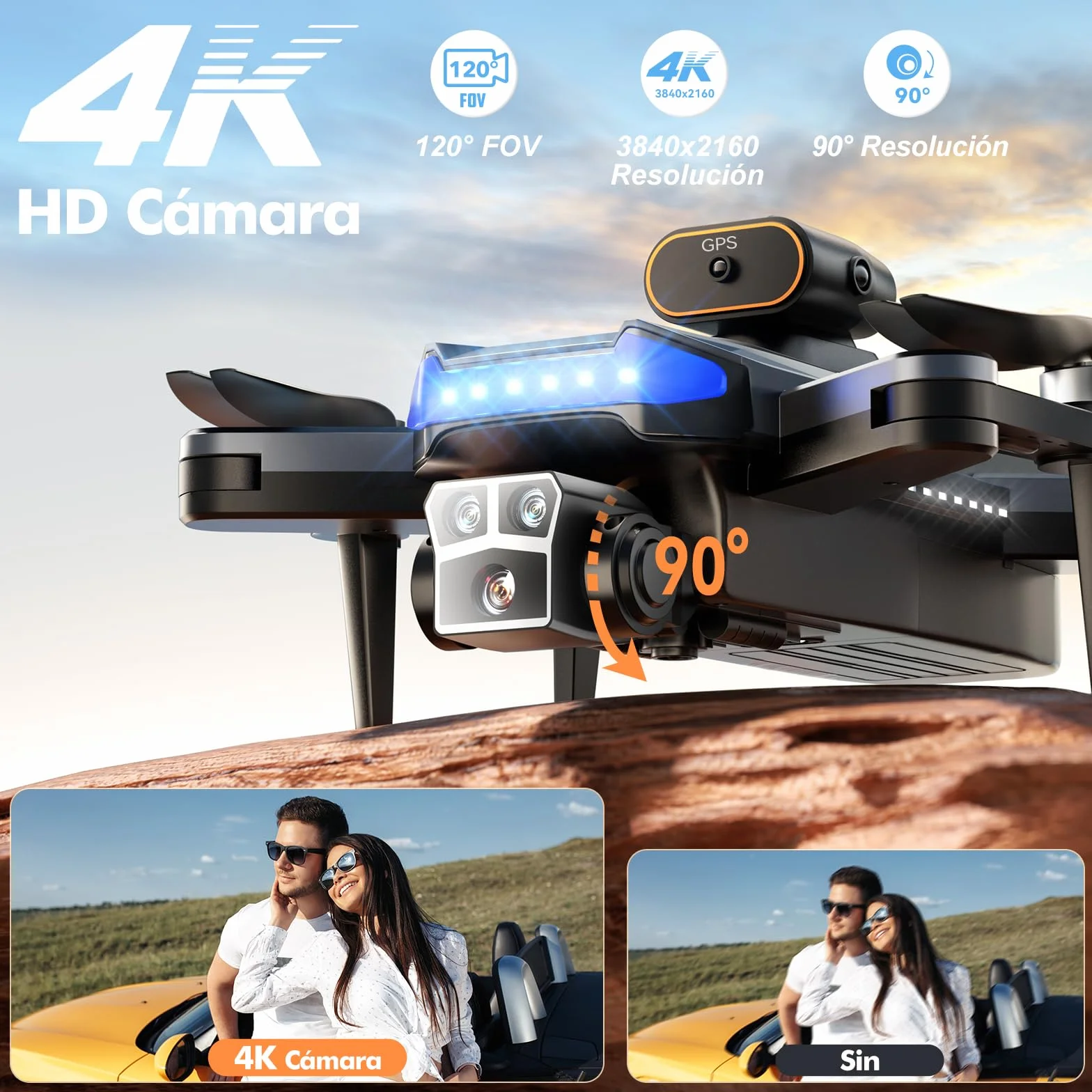 Dron con Cámara 4K GPS Motor Sin Escobillas 54 Min Vuelo 3 Baterías Plegable <249g Negro