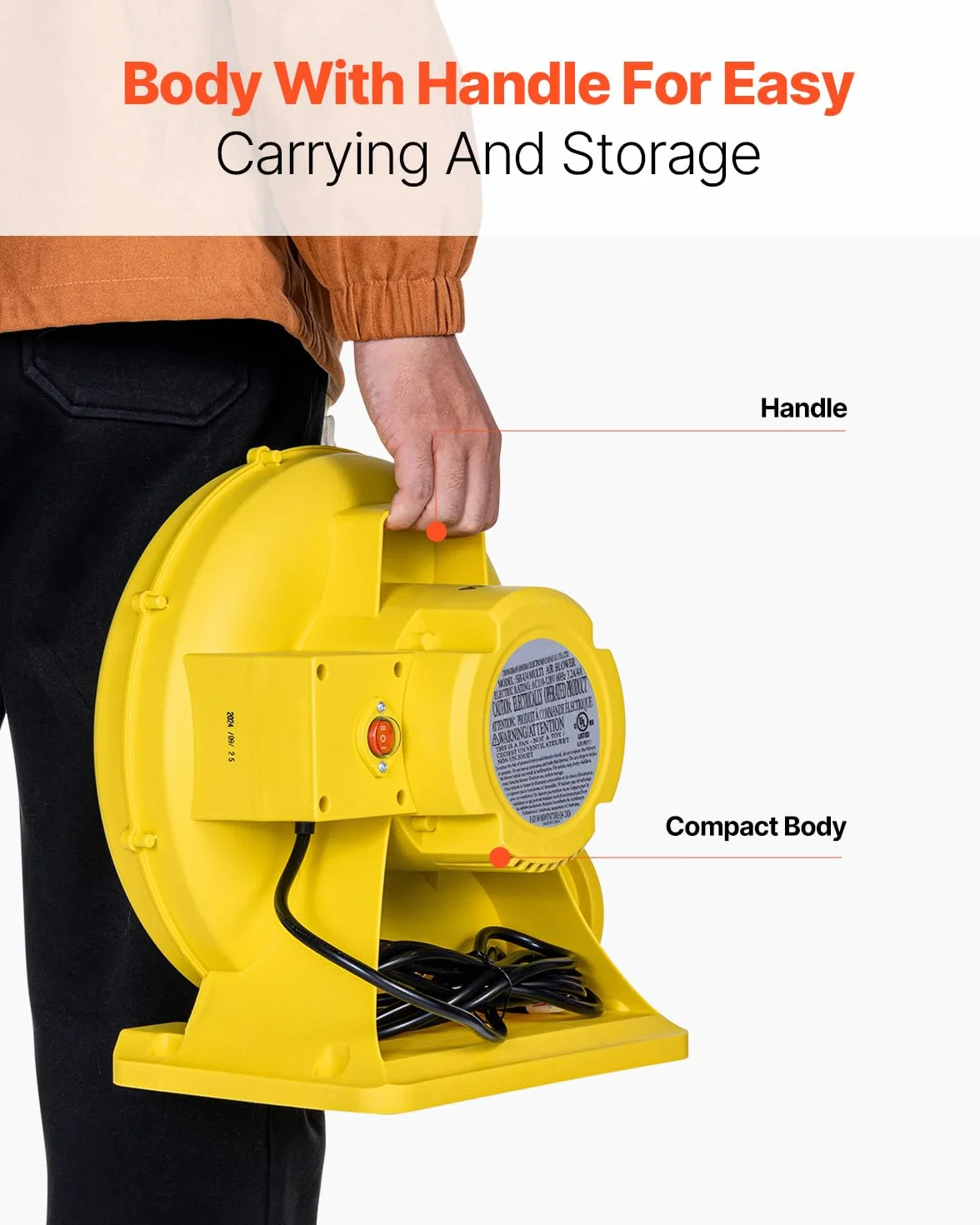 VEVOR Soplador de Aire para Castillos Inflables, 590 W y 690 W, 1,0 HP, Bomba Comercial, Ventilador Eléctrico 2750 RPM, Castillos Inflables, Toboganes de Agua, Amarillo, 360 x 230 x 370 mm