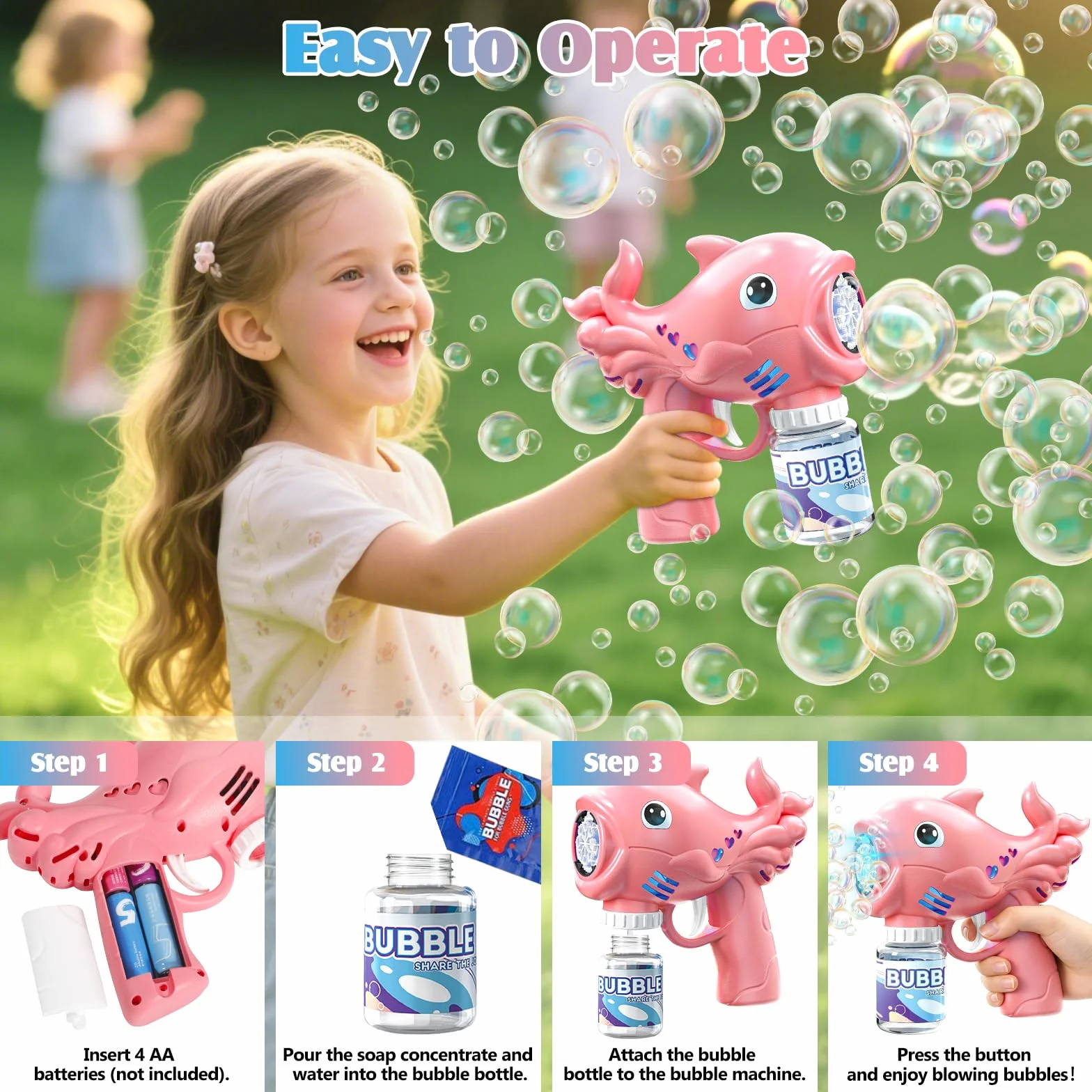 2 Pistola de Burbujas para Niños, Automática Máquina de Burbujas de Jabón con 2×70ML Botellas de Solución, Pompas de Jabon Niños con 8 Aberturas & Luces, para Fiesta, Actividades al Aire Libre