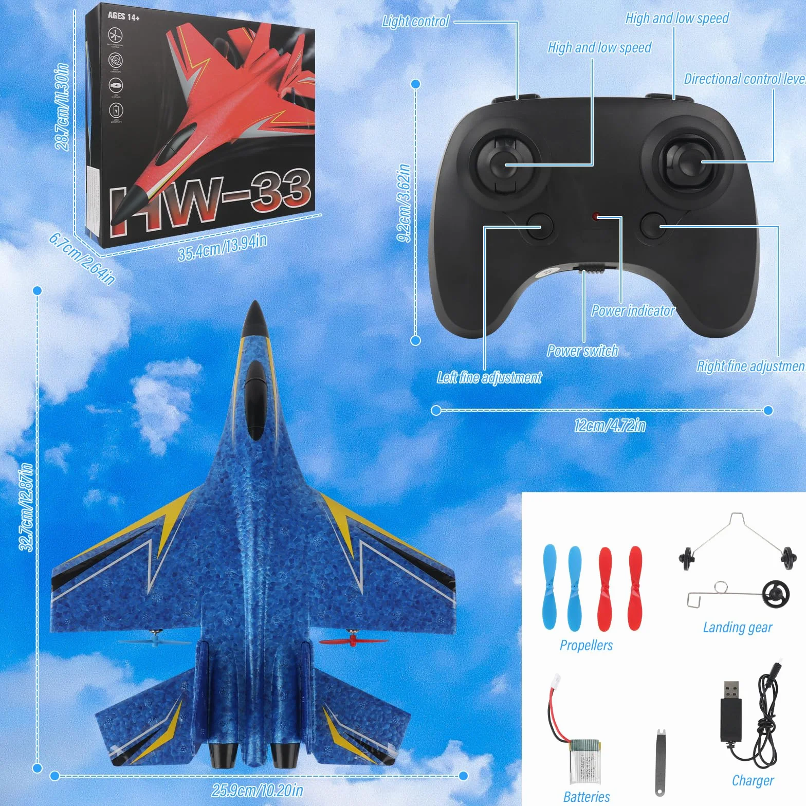 LUFEIS Avión de Control Remoto, Avión RC, Avións Teledirigido, Avións F-22 RC, 2,4 GHz 3 Canales, Avione Teledirigido para Adultos y Niños con Mando a Distancia (Azul)