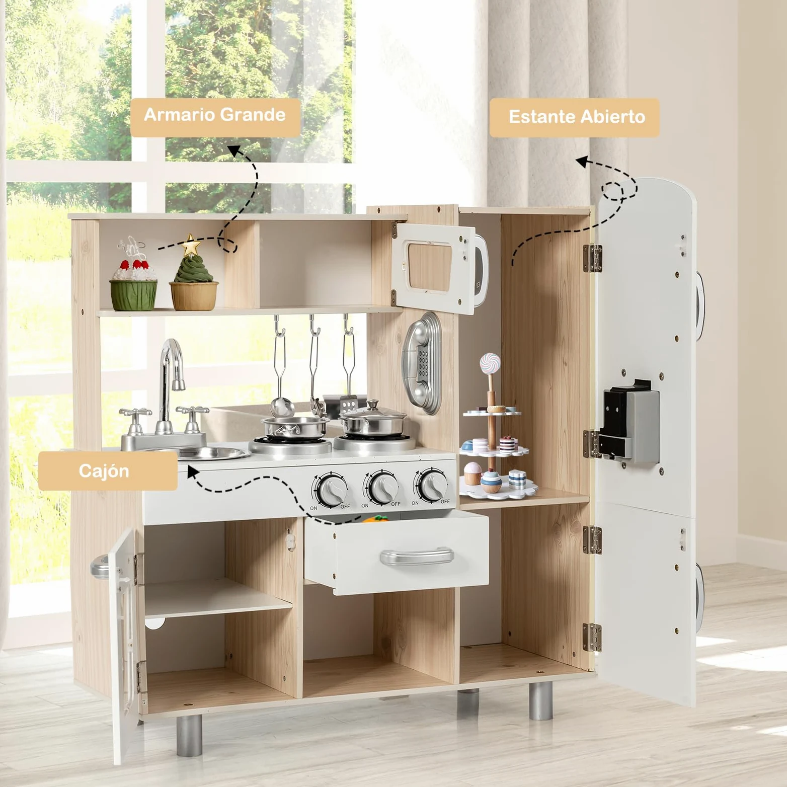COSTWAY Cocina Juguete de Madera con Teléfono, Cocinita de Madera Infantil con Nevera, Microondas, Fregadero Desmontable, Dispensador de Agua con Luz y Sonido, Cocina Infantil para Niños (Natural)