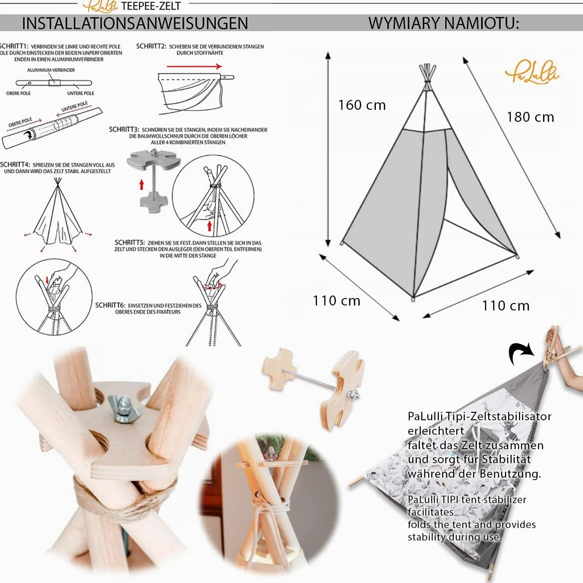 PaLulli Tipi - Tienda de campaña para niños con alfombra y sistema anticolapso y 3 cojines decorativos de lona de algodón (beige)