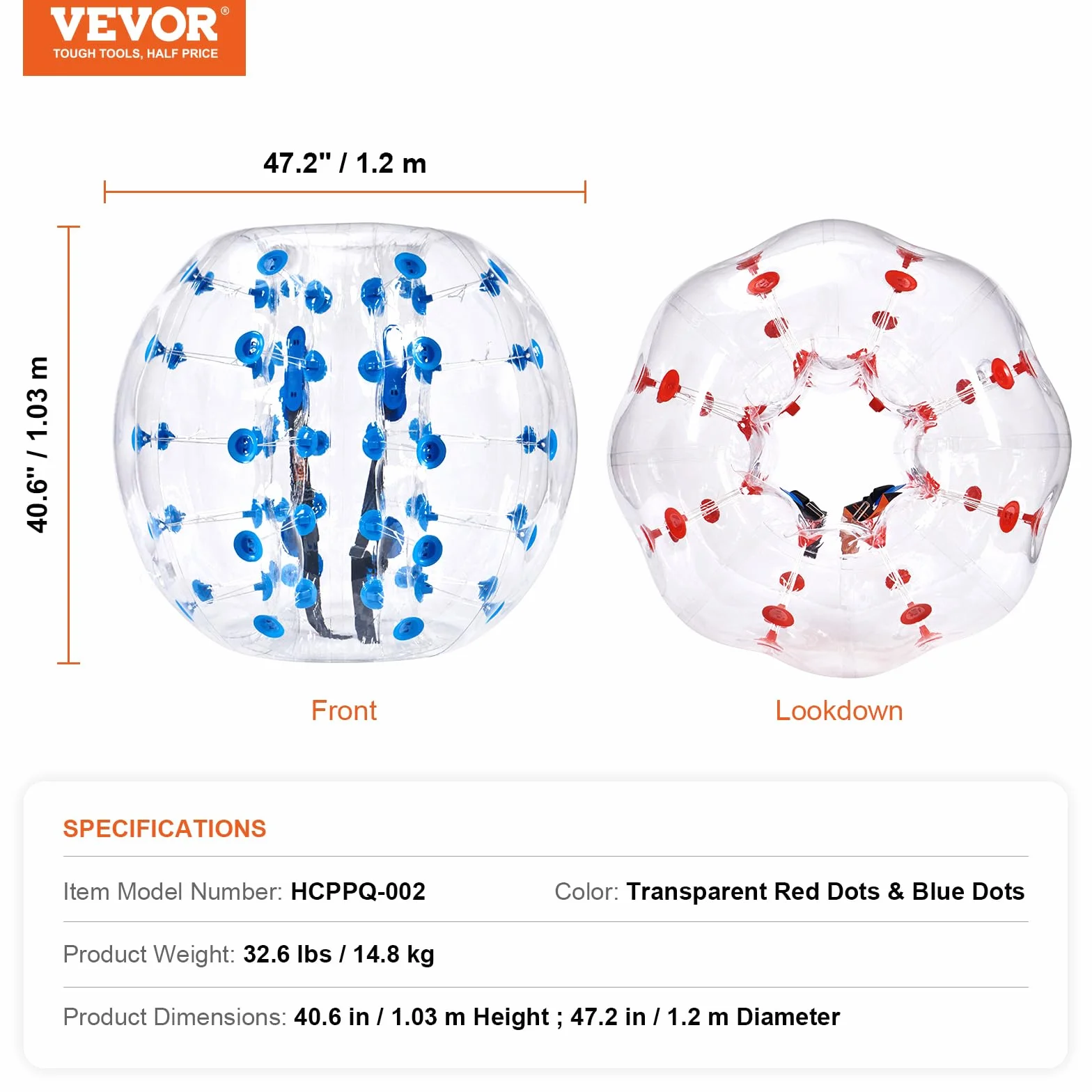 VEVOR Bola de Choque Inflable 2 Piezas 1,2 m x 1,03 m Bola de Colisión Humana y Rebote de Burbujas Cuerpo de PVC Parachoques Inflable de Puntos Rojo+Azul