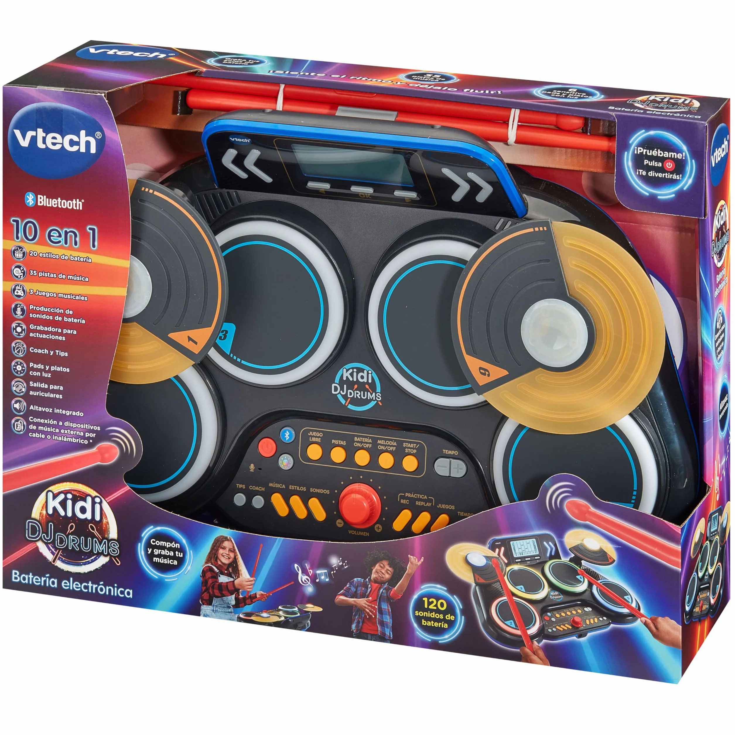 VTech - Kidi DJ Drums, Batería electrónica para niños 10 en 1 con Pads iluminados, platillos, Baquetas, Bluetooth, Aprendizaje y Juegos, Regalo niños +6 años, Versión en Español