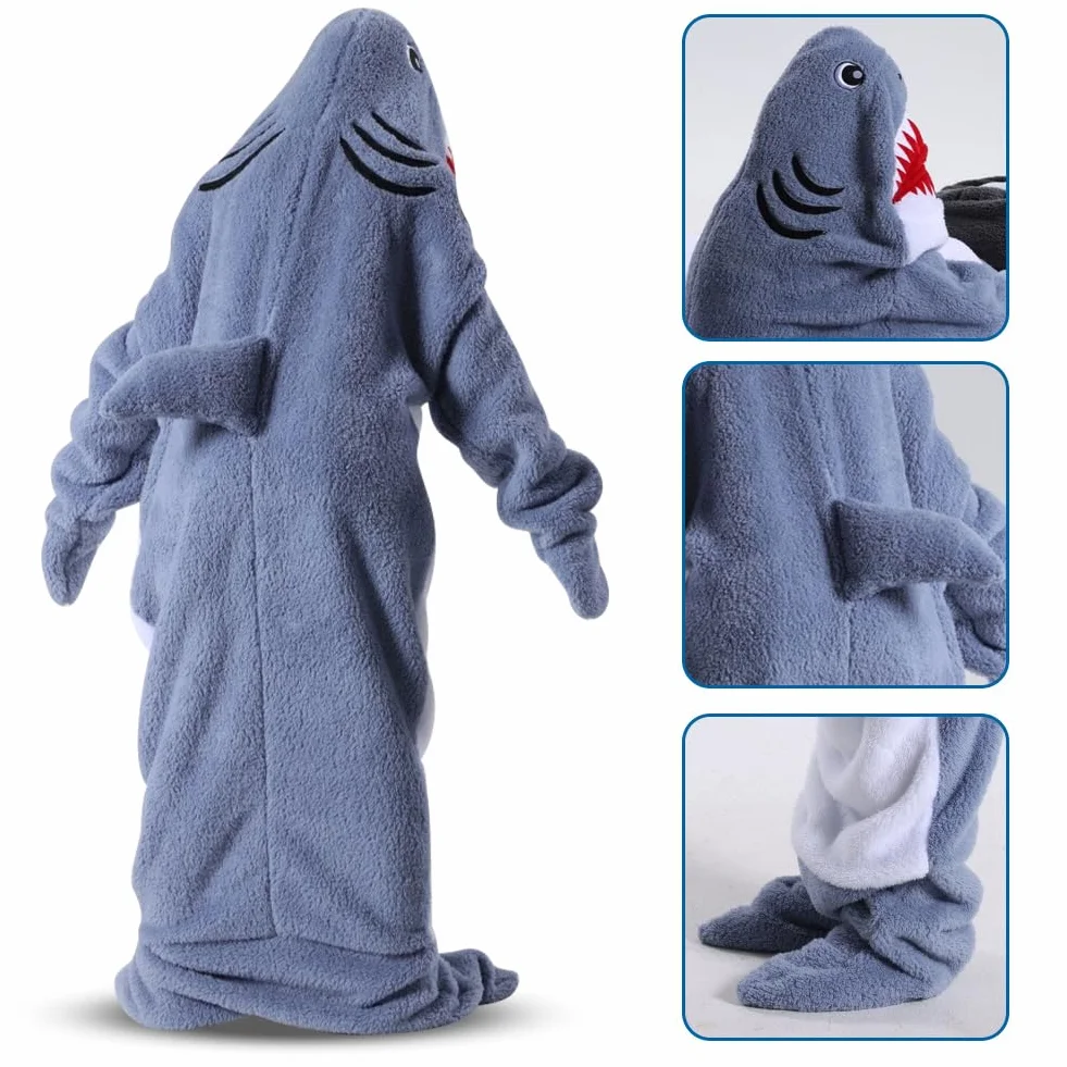 FARYODI Hai Sudadera Manta con Capucha S-XXL, Saco de Dormir con Capucha Shark, Mono de Franela Shark con Pies, Manta de Fanela, Regalo para Fiestas de Pijamas de Dibujos Animados
