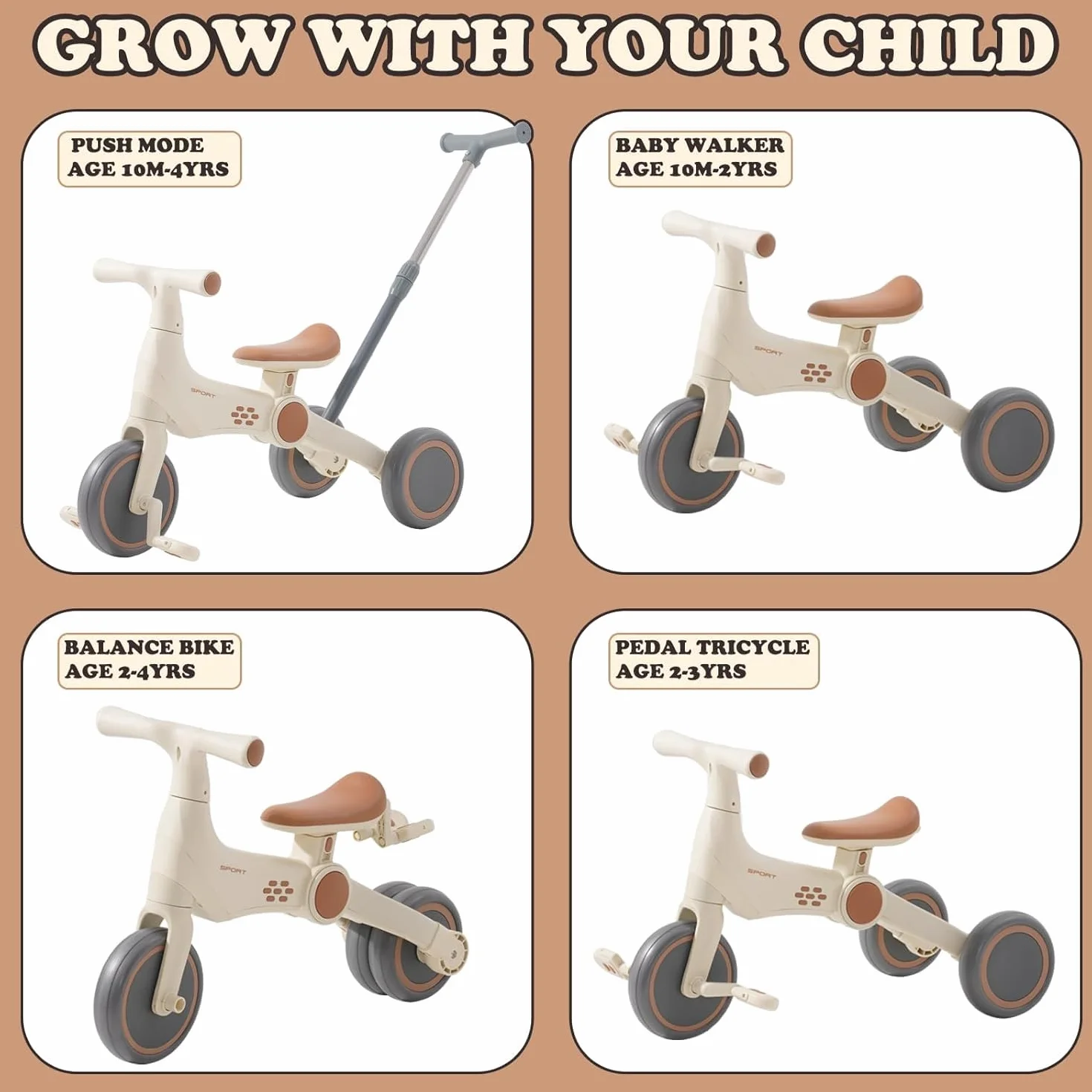 Triciclos para Niños,4 en 1 Una Bici Multifunción,Triciclo,Bicicleta,Carro de Equilibrio,Caminante con Pedales Desmontables, Adecuado para niños de 12-24 Meses